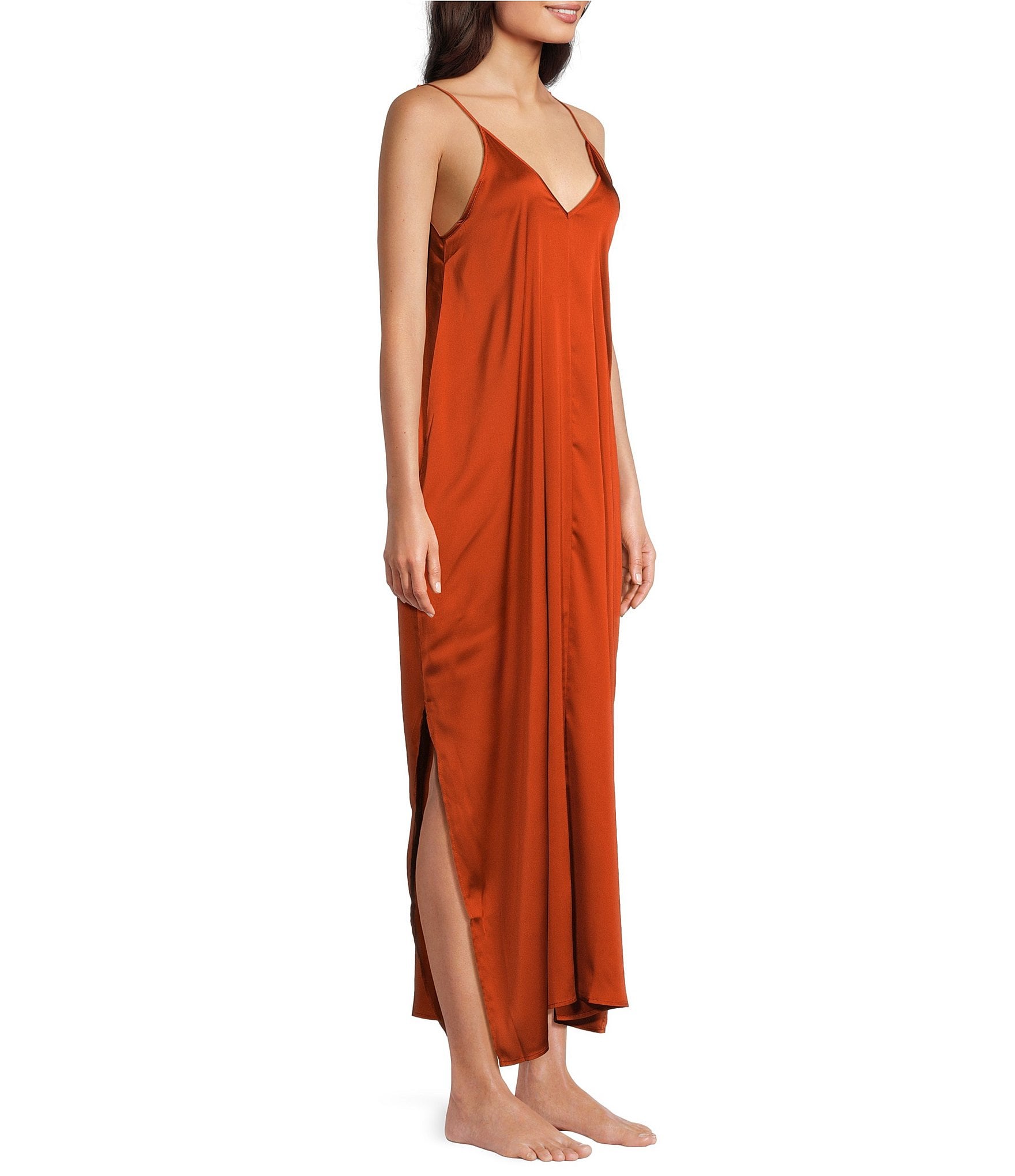 VAN WINKLE & CO. Solid Satin Side Slit V-Neck Sleeveless Maxi Chemise