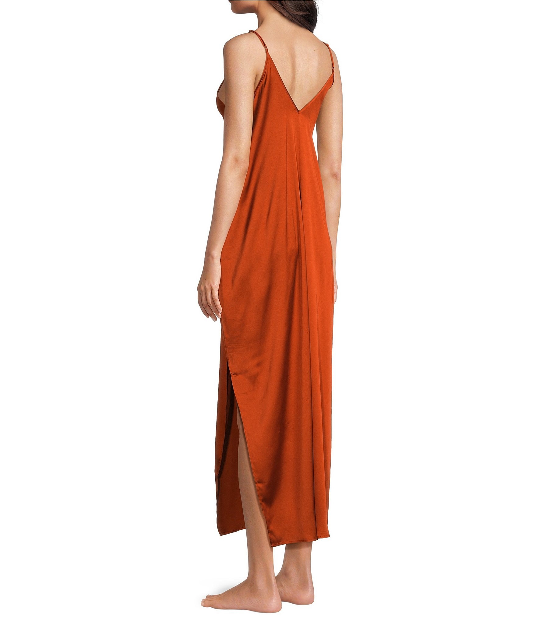 VAN WINKLE & CO. Solid Satin Side Slit V-Neck Sleeveless Maxi Chemise