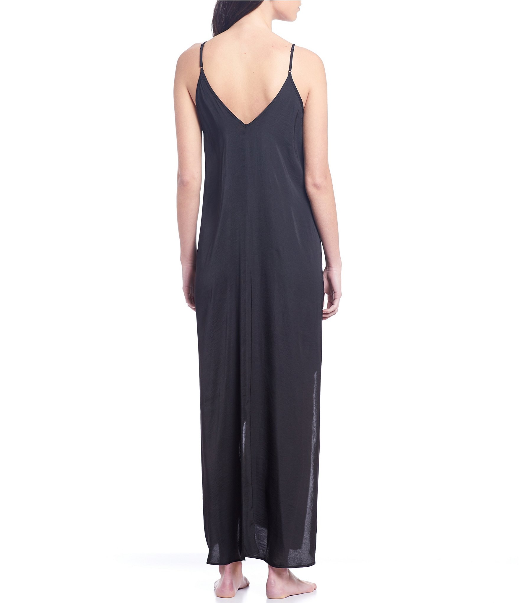 VAN WINKLE & CO. Solid Satin Side Slit V-Neck Sleeveless Maxi Chemise