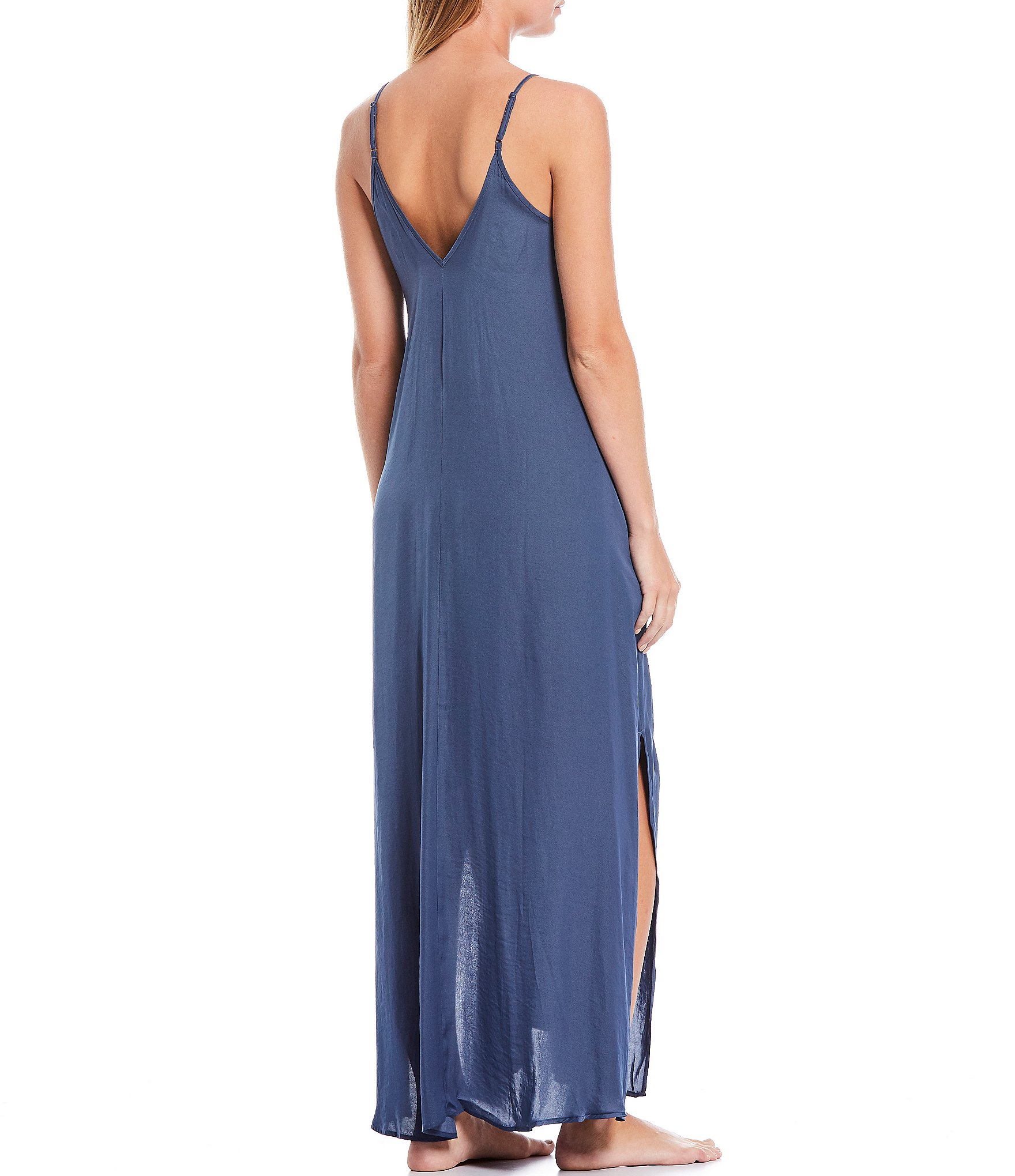 VAN WINKLE & CO. Solid Satin Side Slit V-Neck Sleeveless Maxi Chemise