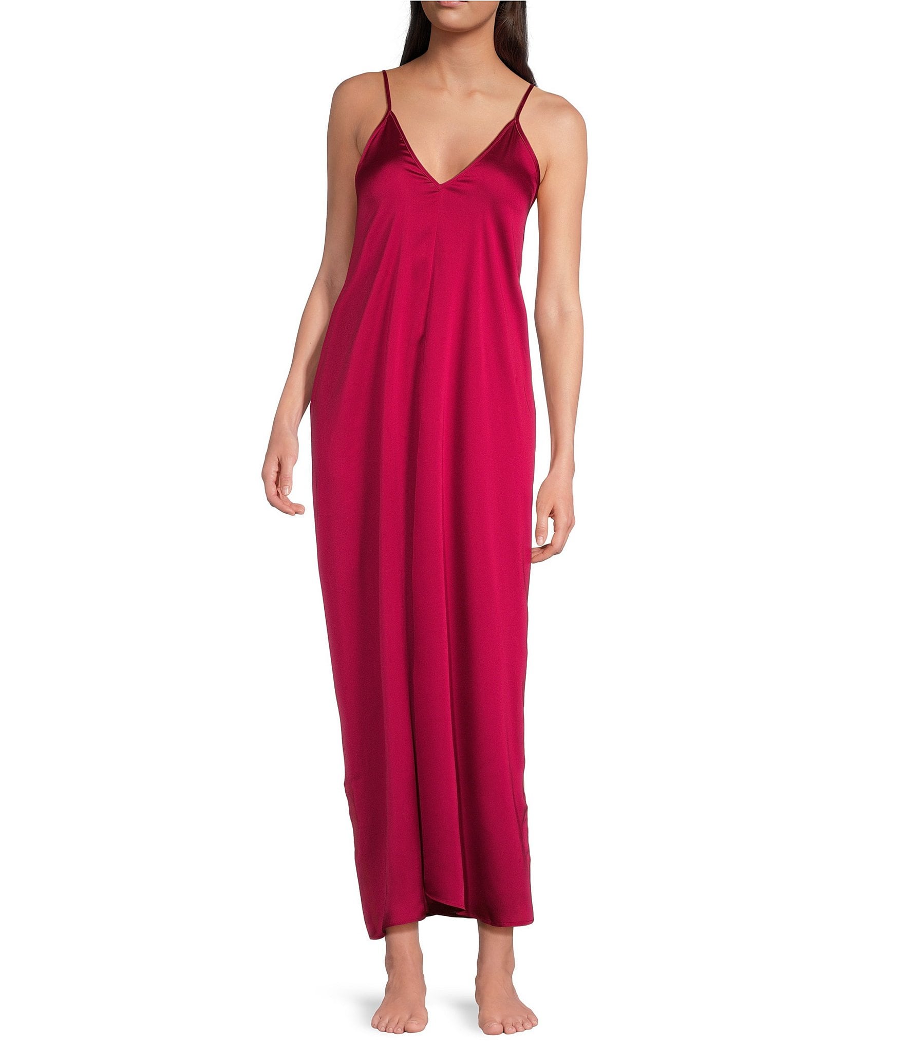 VAN WINKLE & CO. Solid Sleeveless V Neck Woven Satin Maxi Chemise