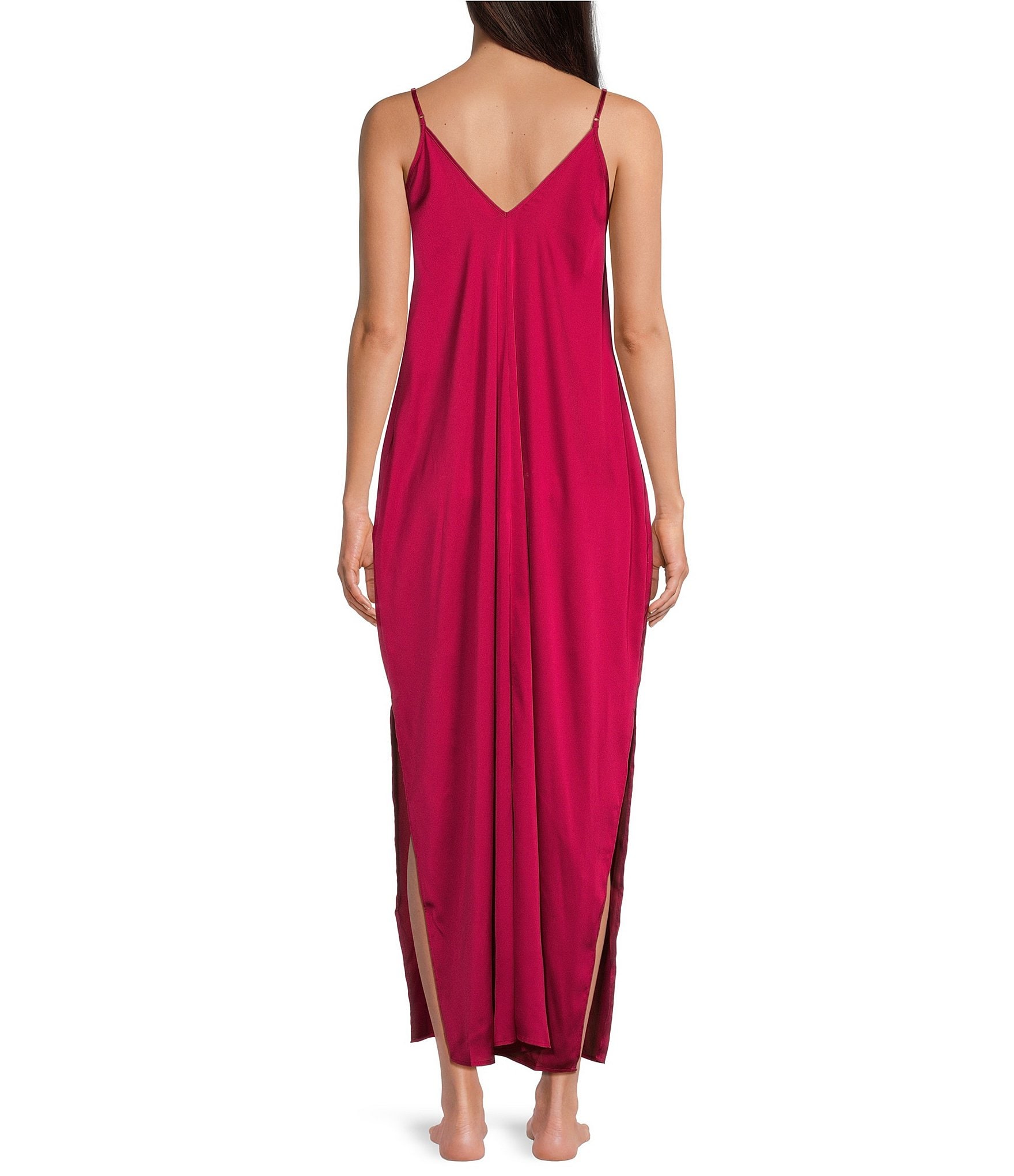 VAN WINKLE & CO. Solid Sleeveless V Neck Woven Satin Maxi Chemise