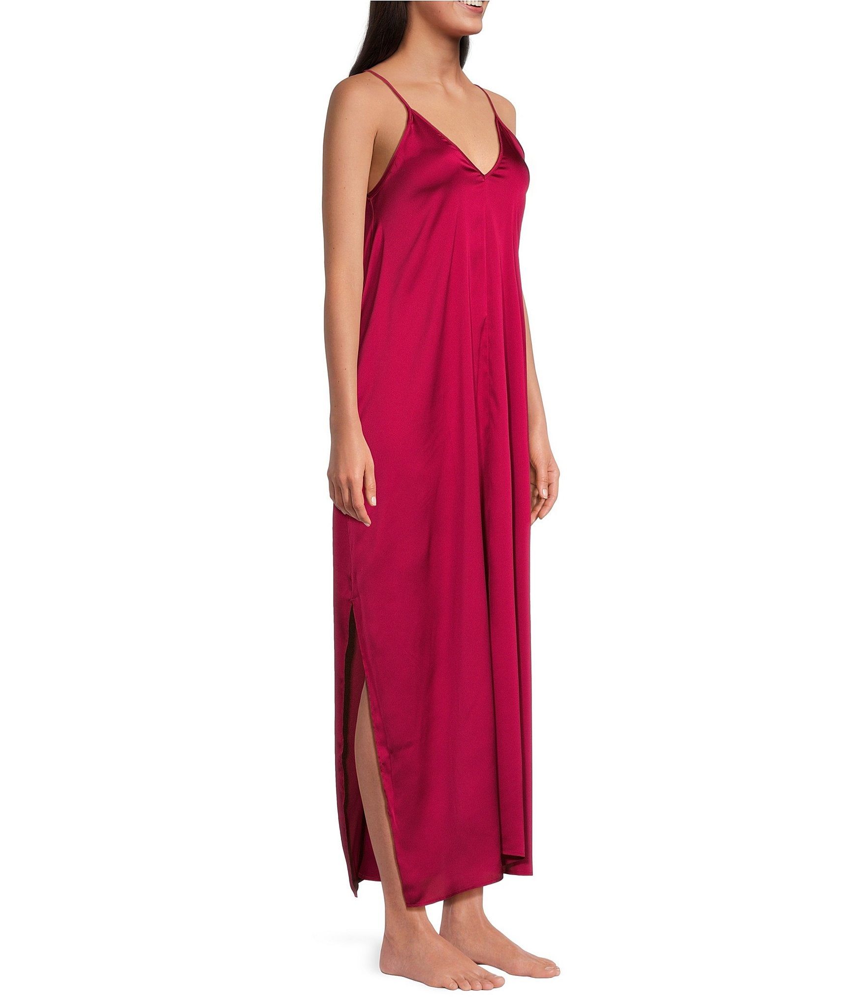 VAN WINKLE & CO. Solid Sleeveless V Neck Woven Satin Maxi Chemise