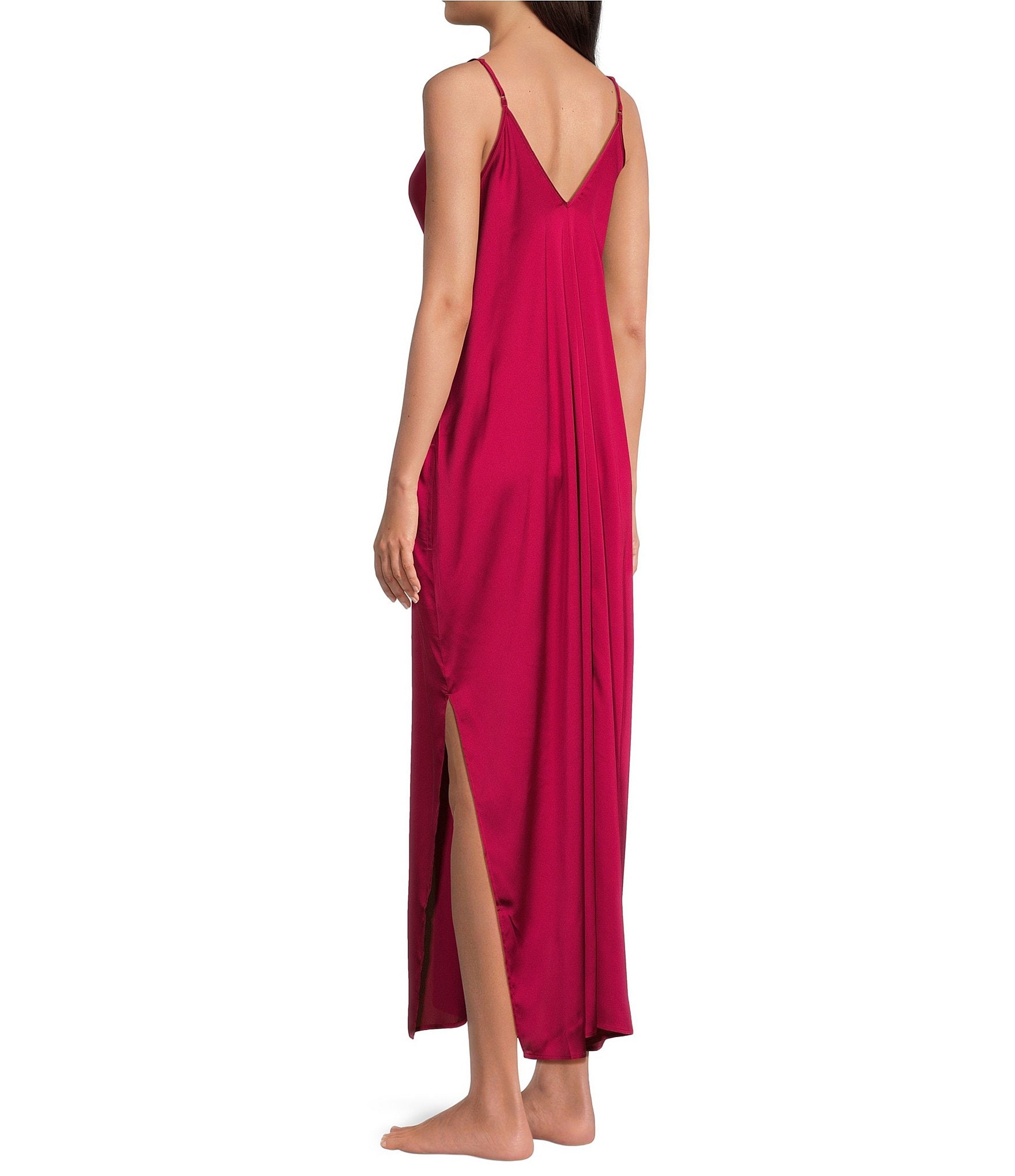 VAN WINKLE & CO. Solid Sleeveless V Neck Woven Satin Maxi Chemise