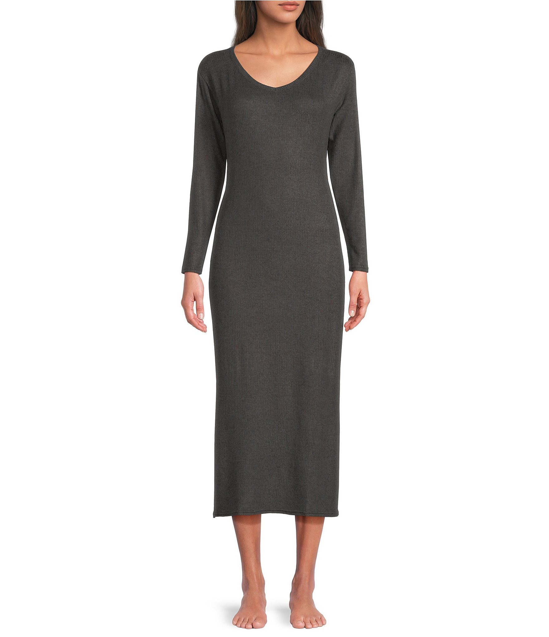 Van Winkle & Co. Solid V-Neck Long Sleeve Knit Midi Nightgown