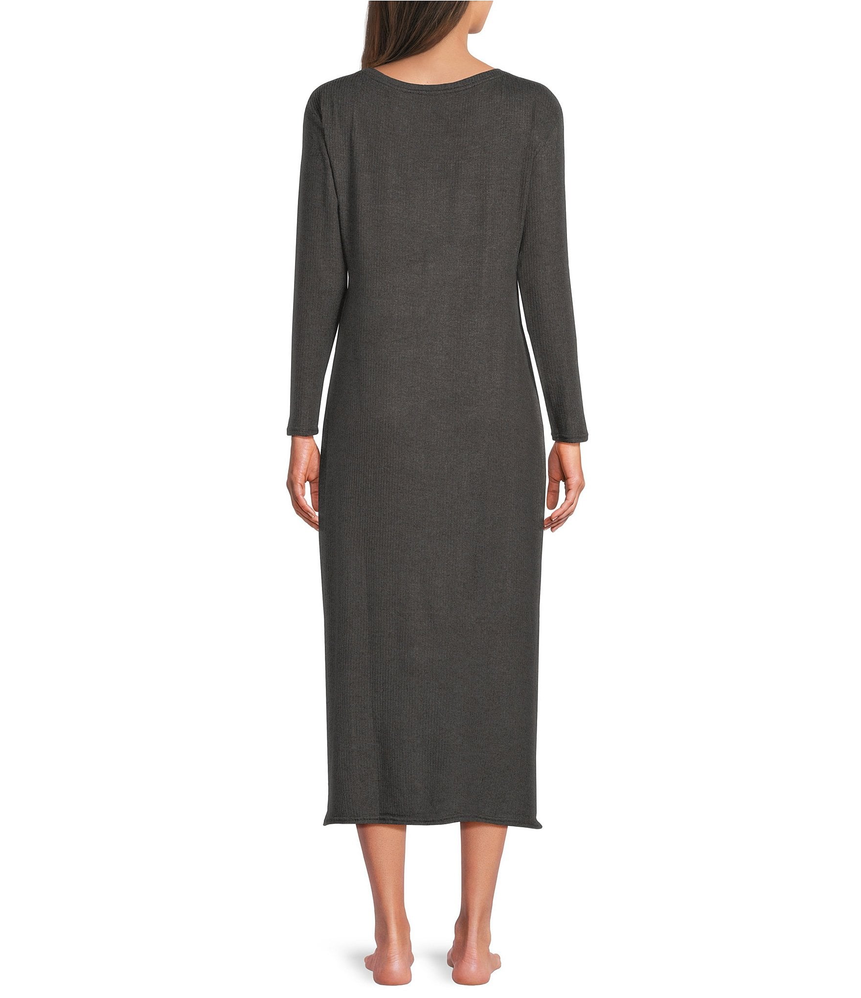 Van Winkle & Co. Solid V-Neck Long Sleeve Knit Midi Nightgown