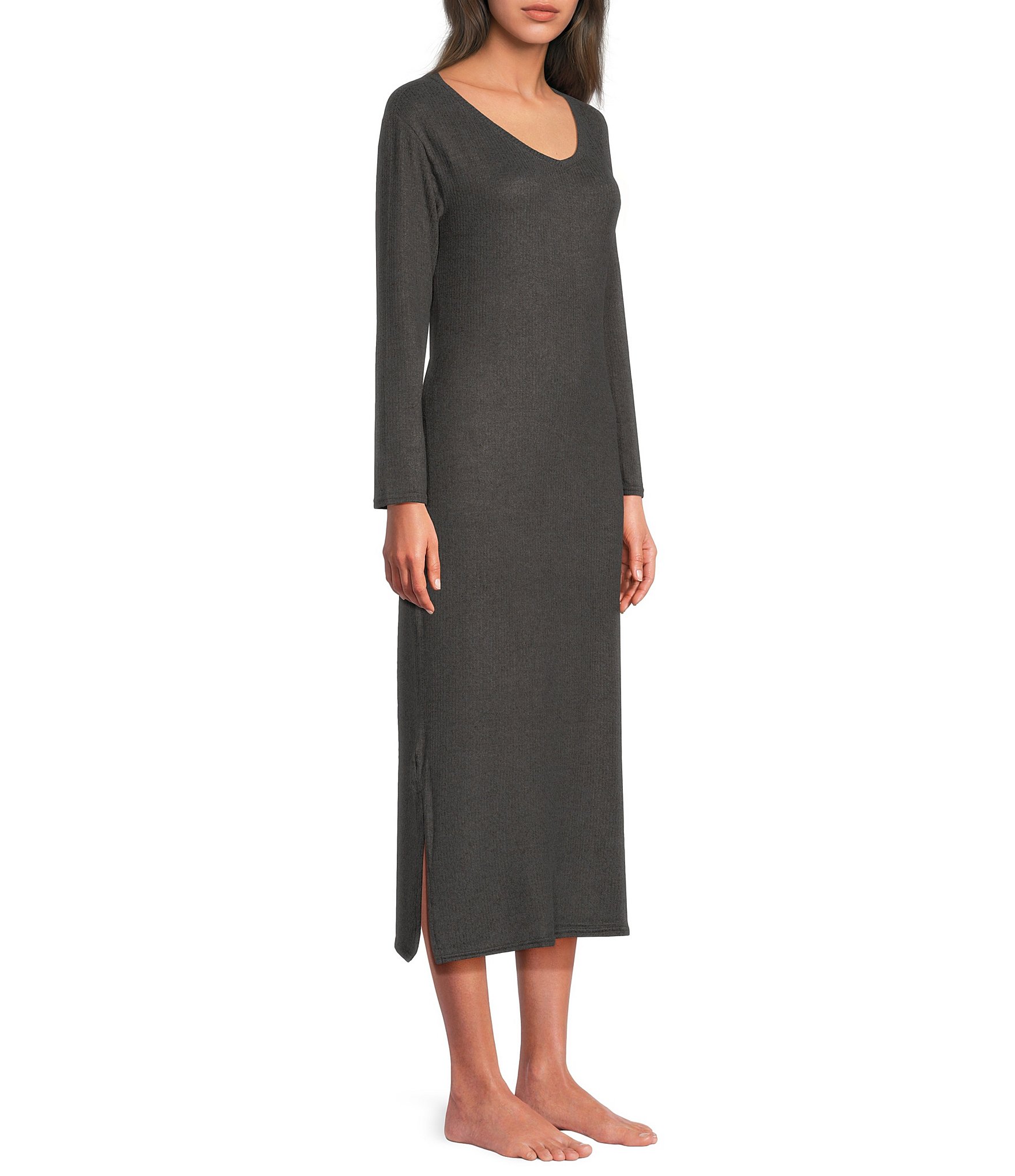 Van Winkle & Co. Solid V-Neck Long Sleeve Knit Midi Nightgown