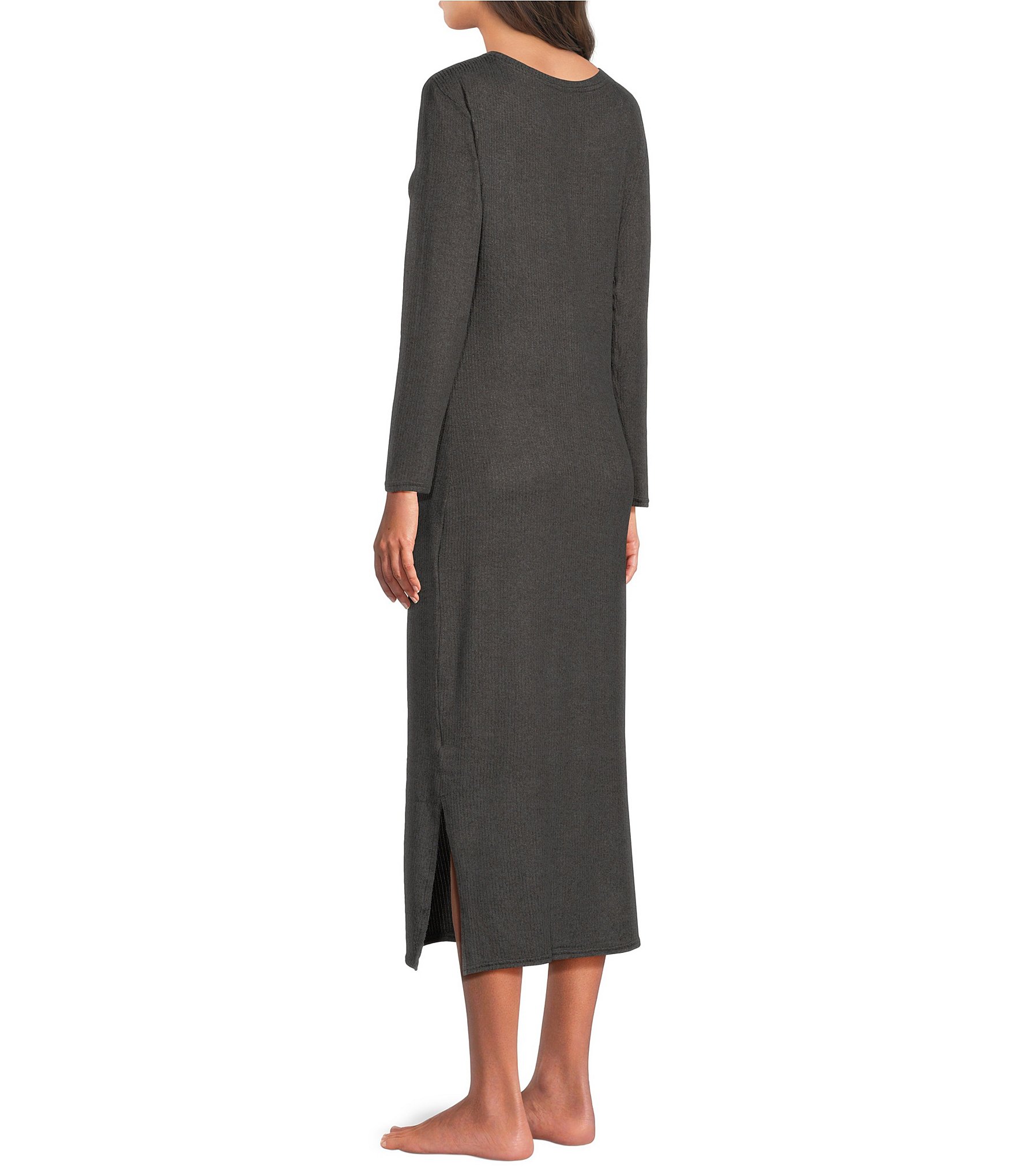 Van Winkle & Co. Solid V-Neck Long Sleeve Knit Midi Nightgown