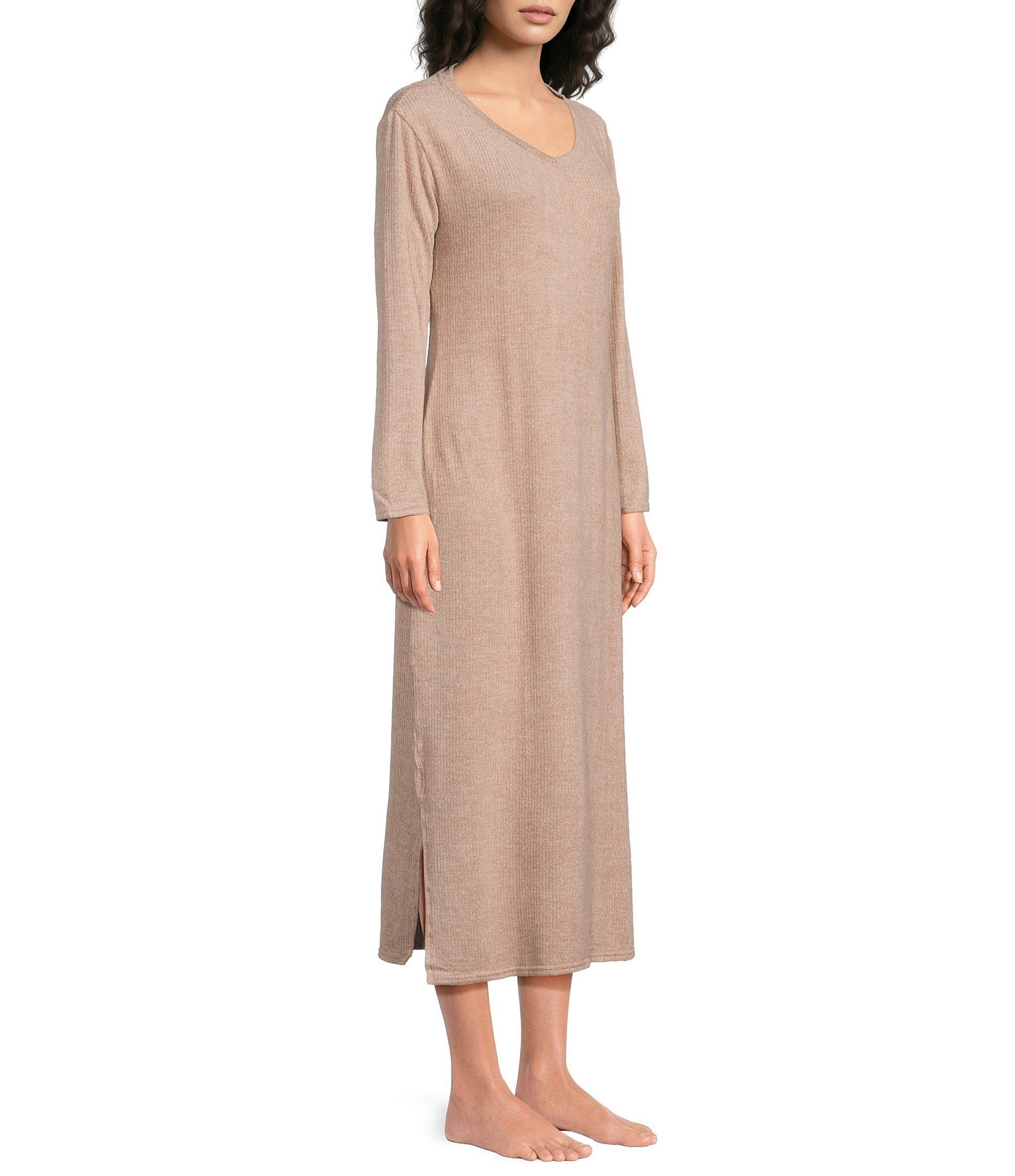 Van Winkle & Co. Solid V-Neck Long Sleeve Knit Midi Nightgown