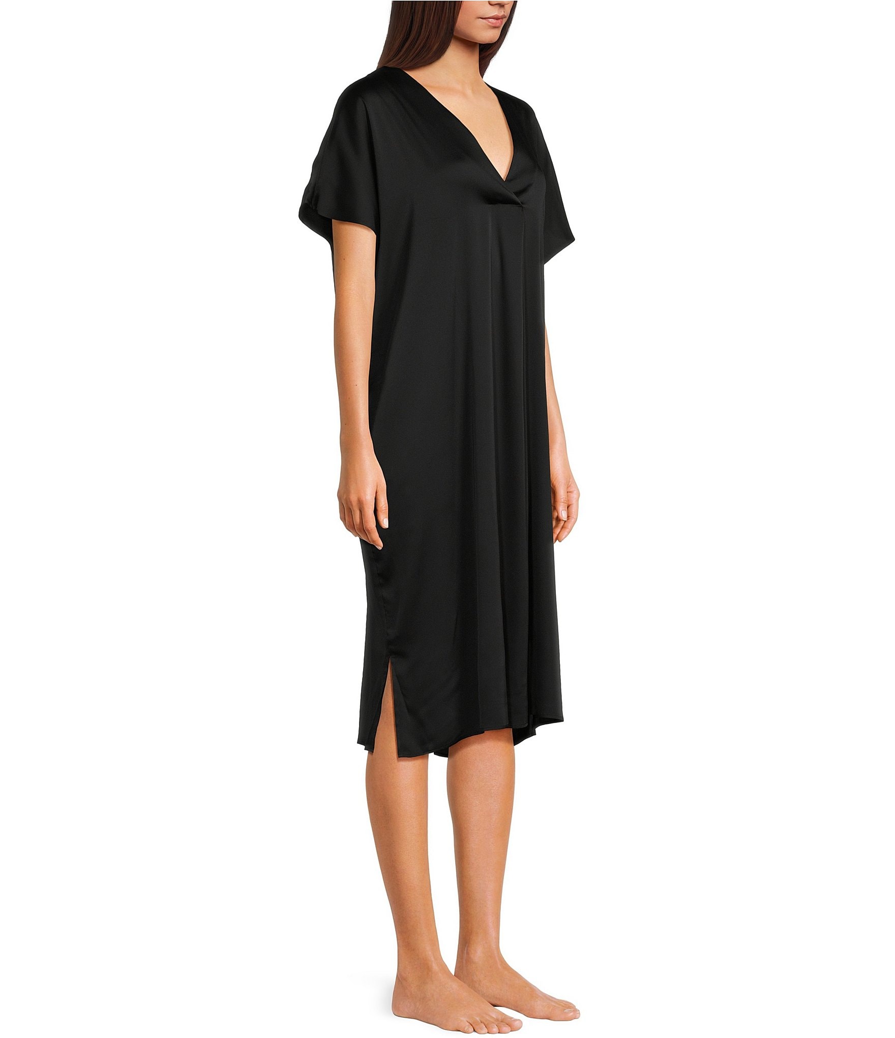 VAN WINKLE & CO. Solid V-Neck Short Dolman Sleeve Satin Midi Nightgown