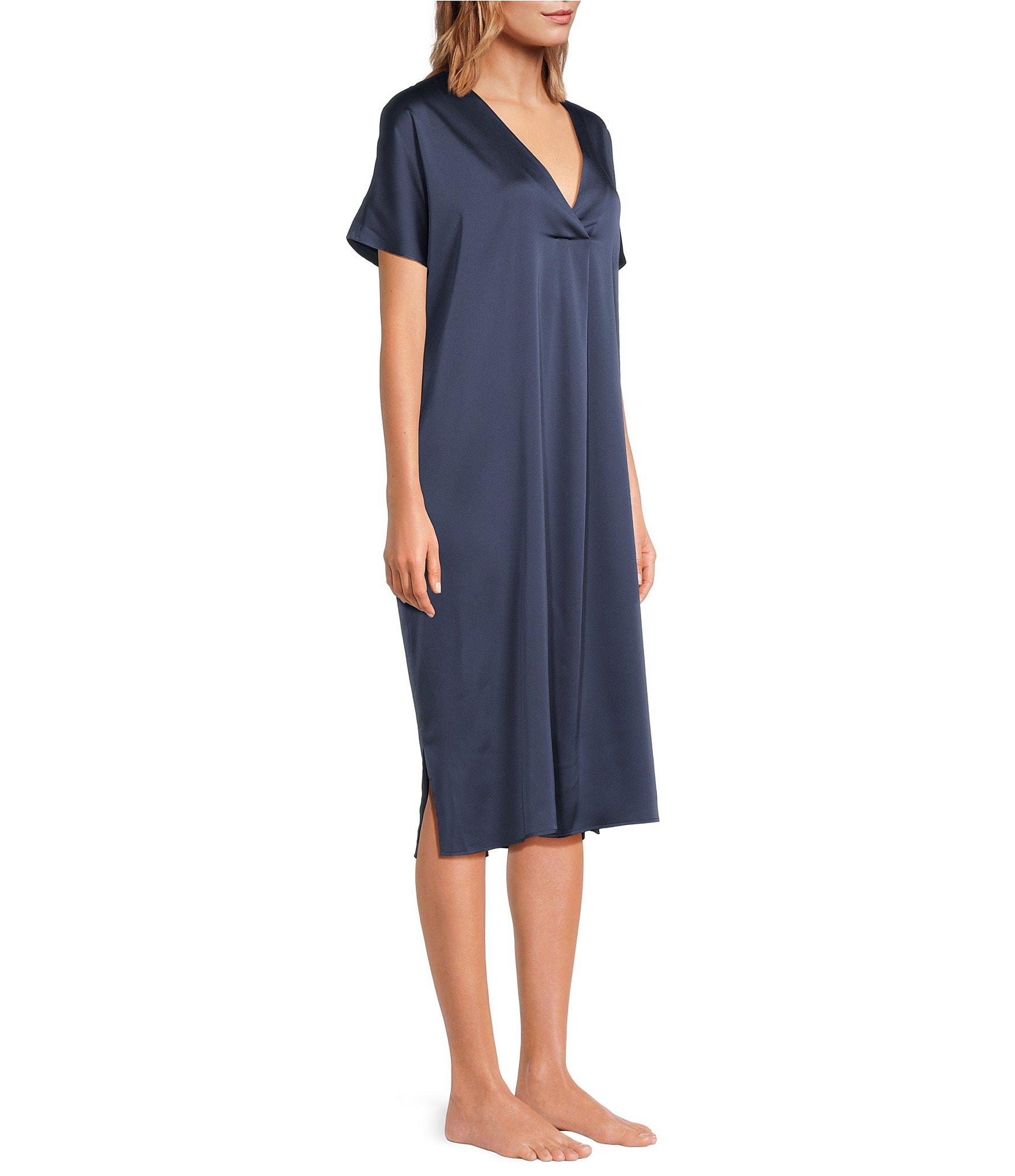 VAN WINKLE & CO. Solid V-Neck Short Dolman Sleeve Satin Midi Nightgown