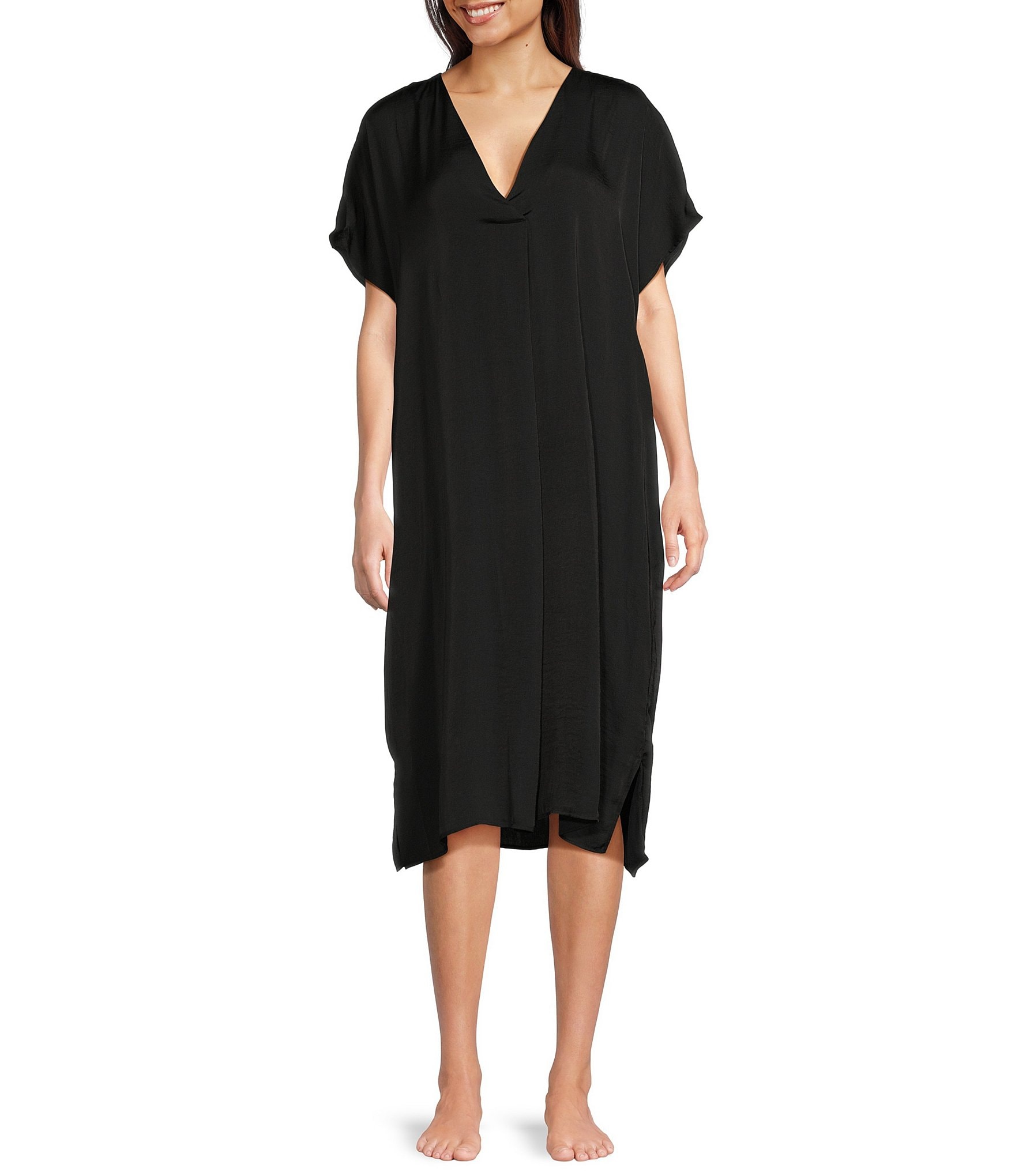 VAN WINKLE & CO. Solid V-Neck Short Dolman Sleeve Satin Midi Nightgown