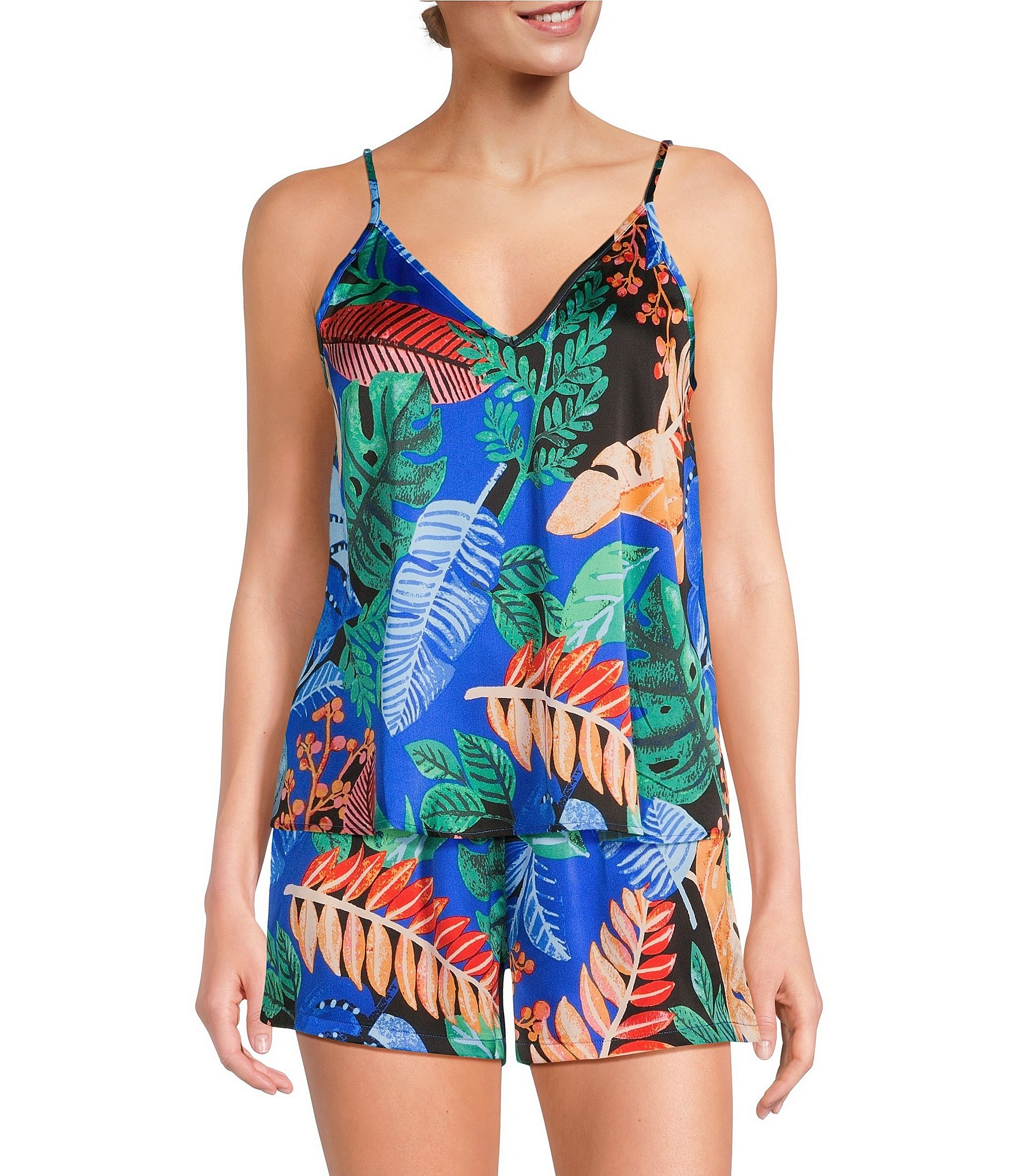 VAN WINKLE & CO. Woven Graphic Palm Satin V-Neck Coordinating Sleep Tank