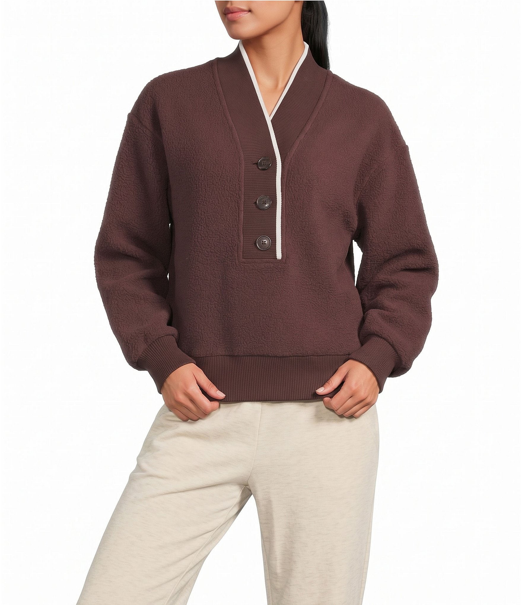 Varley Brenna Button Front V-Neck Long Sleeve Fleece Sweatshirt