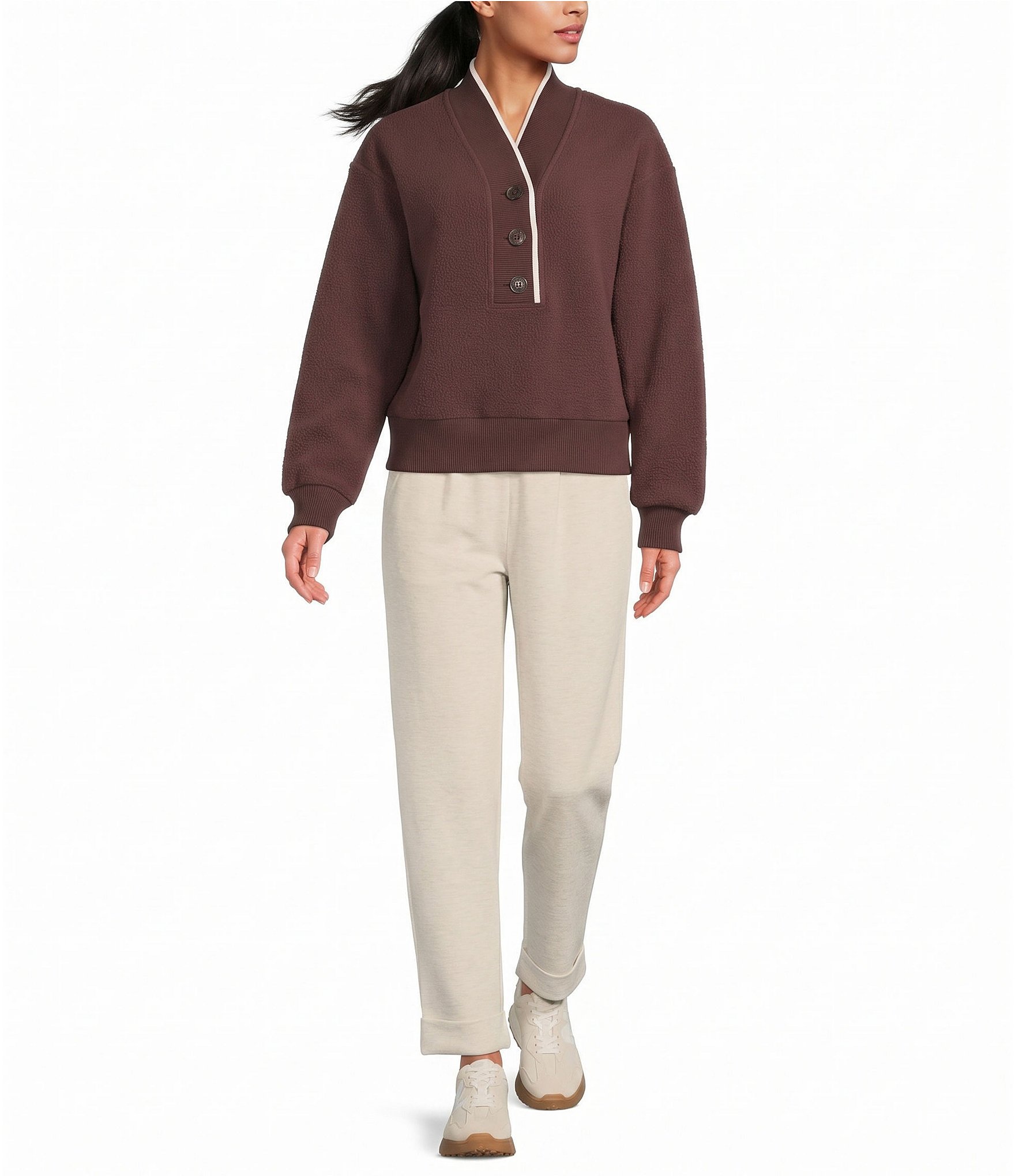 Varley Brenna Button Front V-Neck Long Sleeve Fleece Sweatshirt