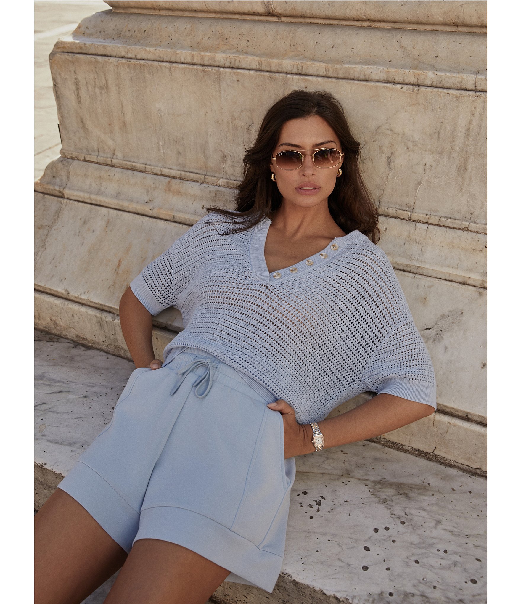 Varley Callie Knit Boxy Split V-Neck Short Sleeve Top