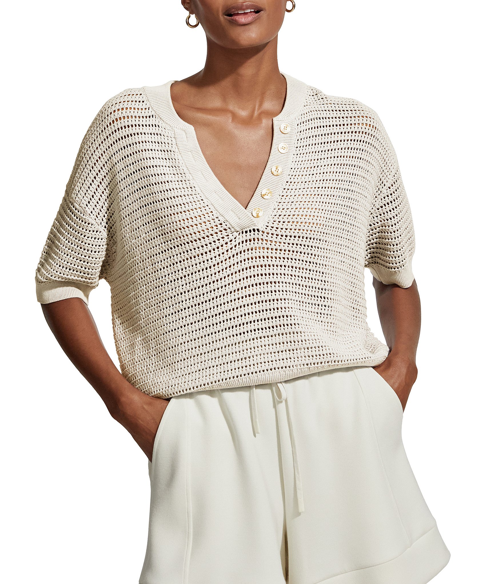 Varley Callie Knit Boxy Split V-Neck Short Sleeve Top | Dillard's