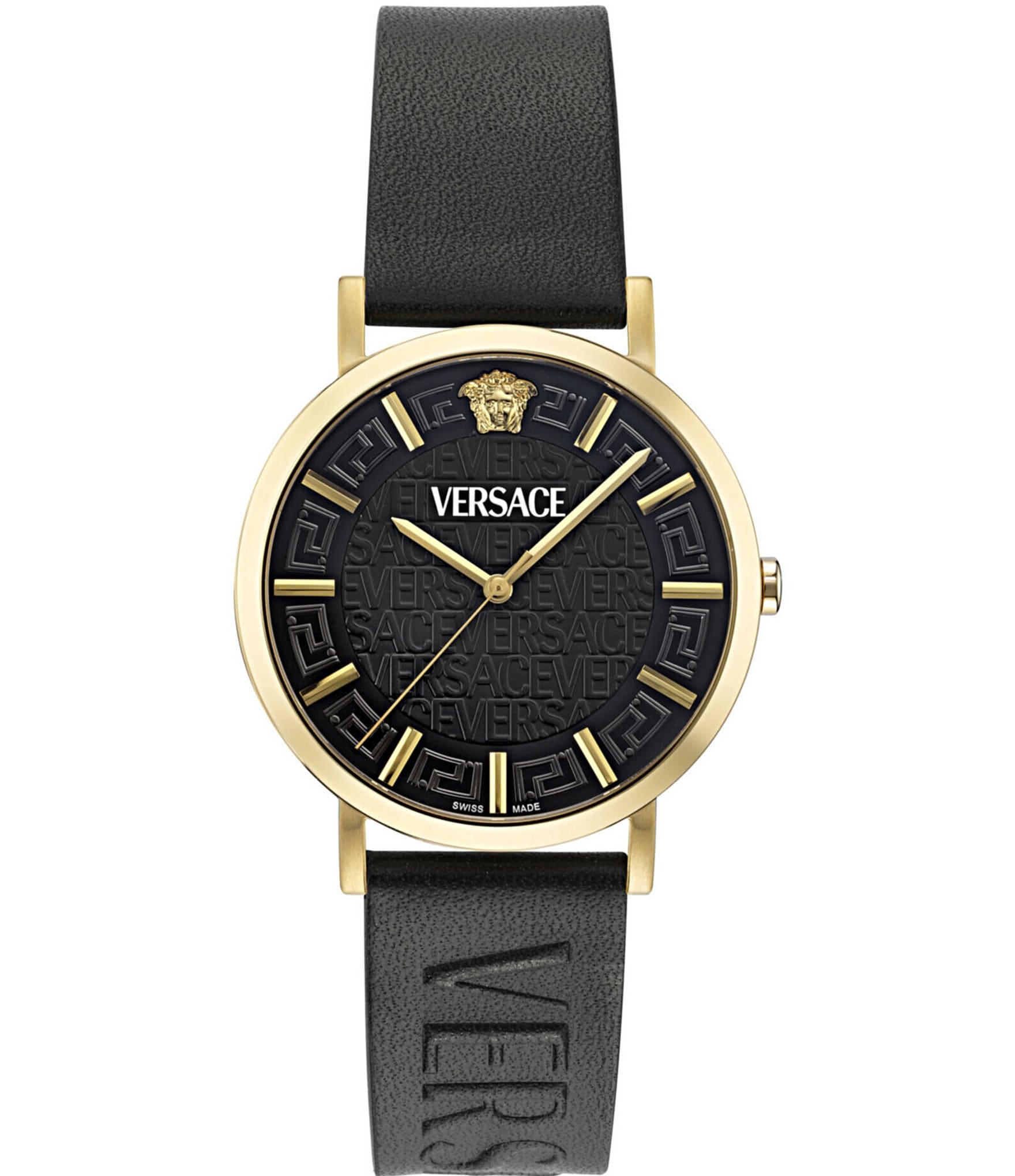 Versace Men's Greca Analog Slim Black Leather Strap Watch