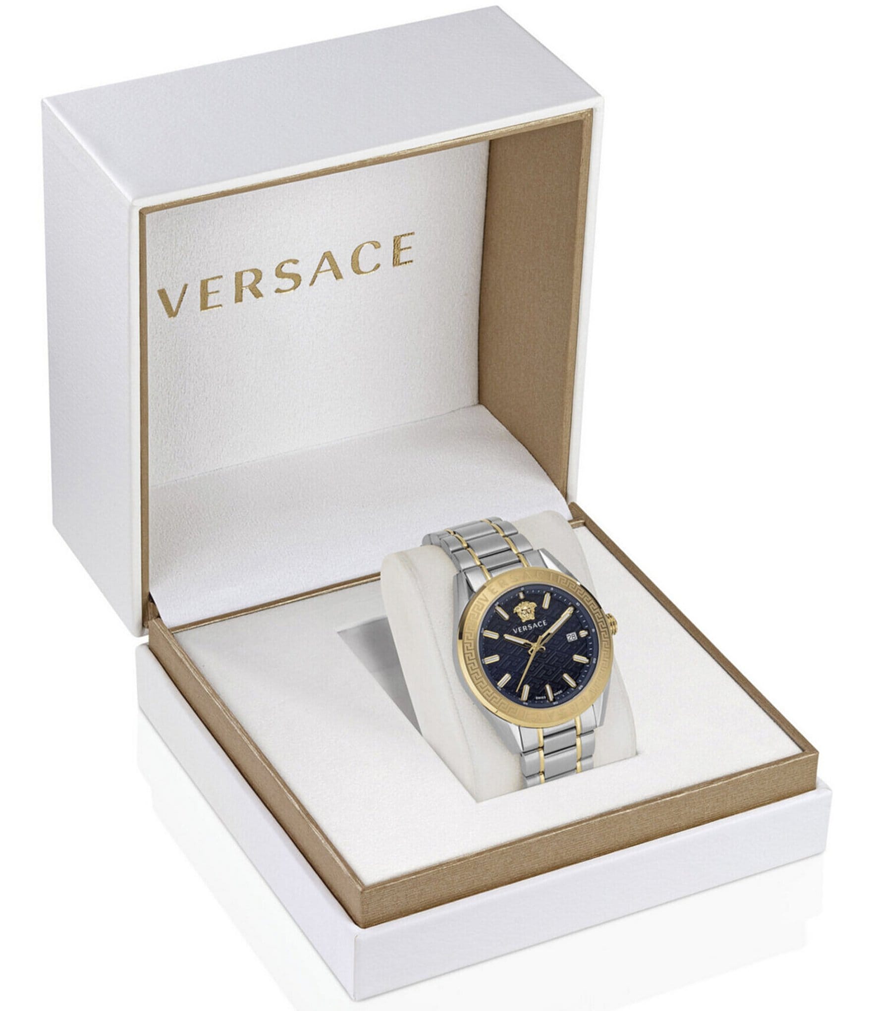 Versace Men's V-Code Analog Two Tone Stainless Steel Blue Dial Watch