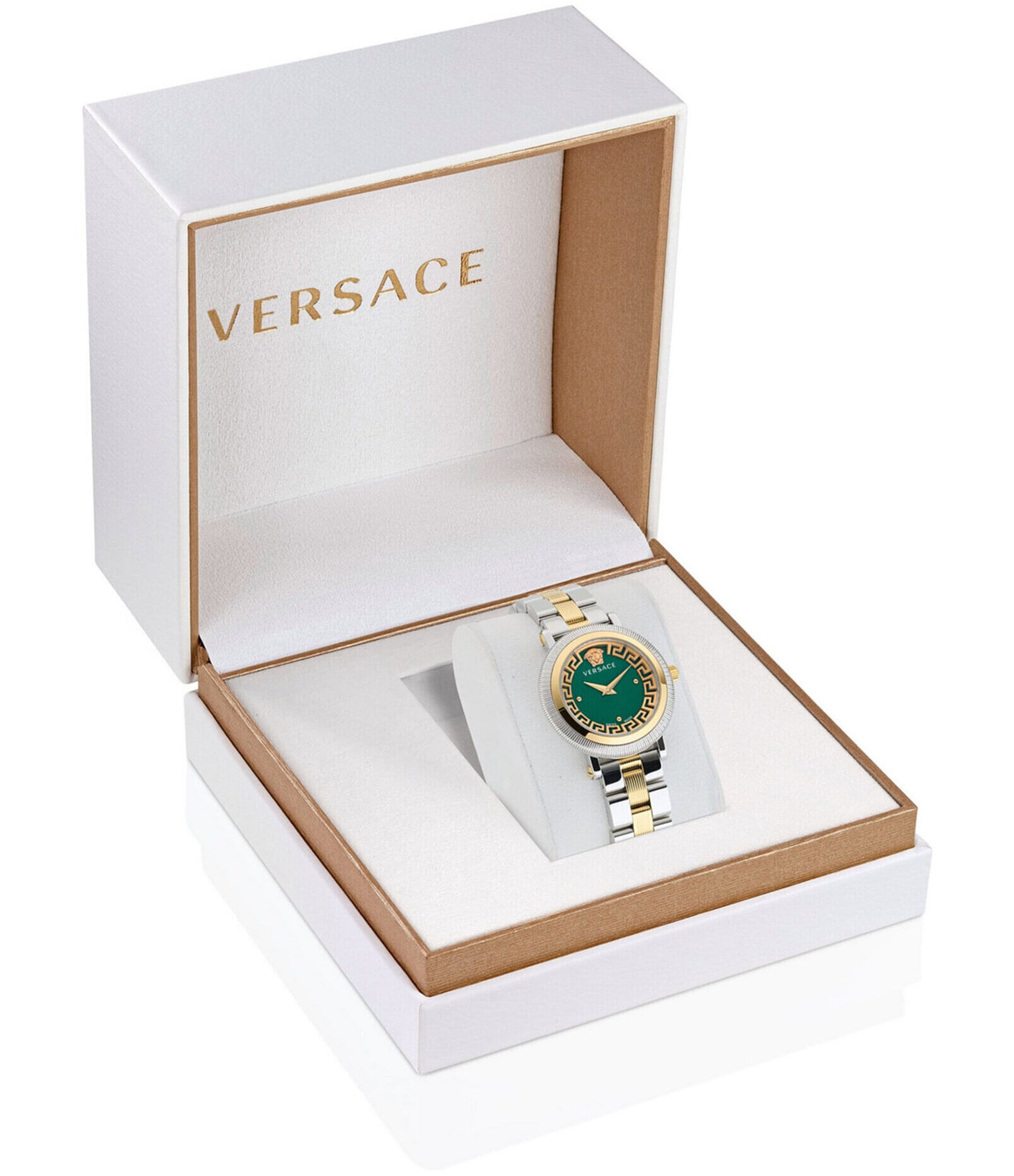 Versace Women's Greca Flourish Quartz Analog Two Tone Green Dial Stainless Steel Bracelet Watch