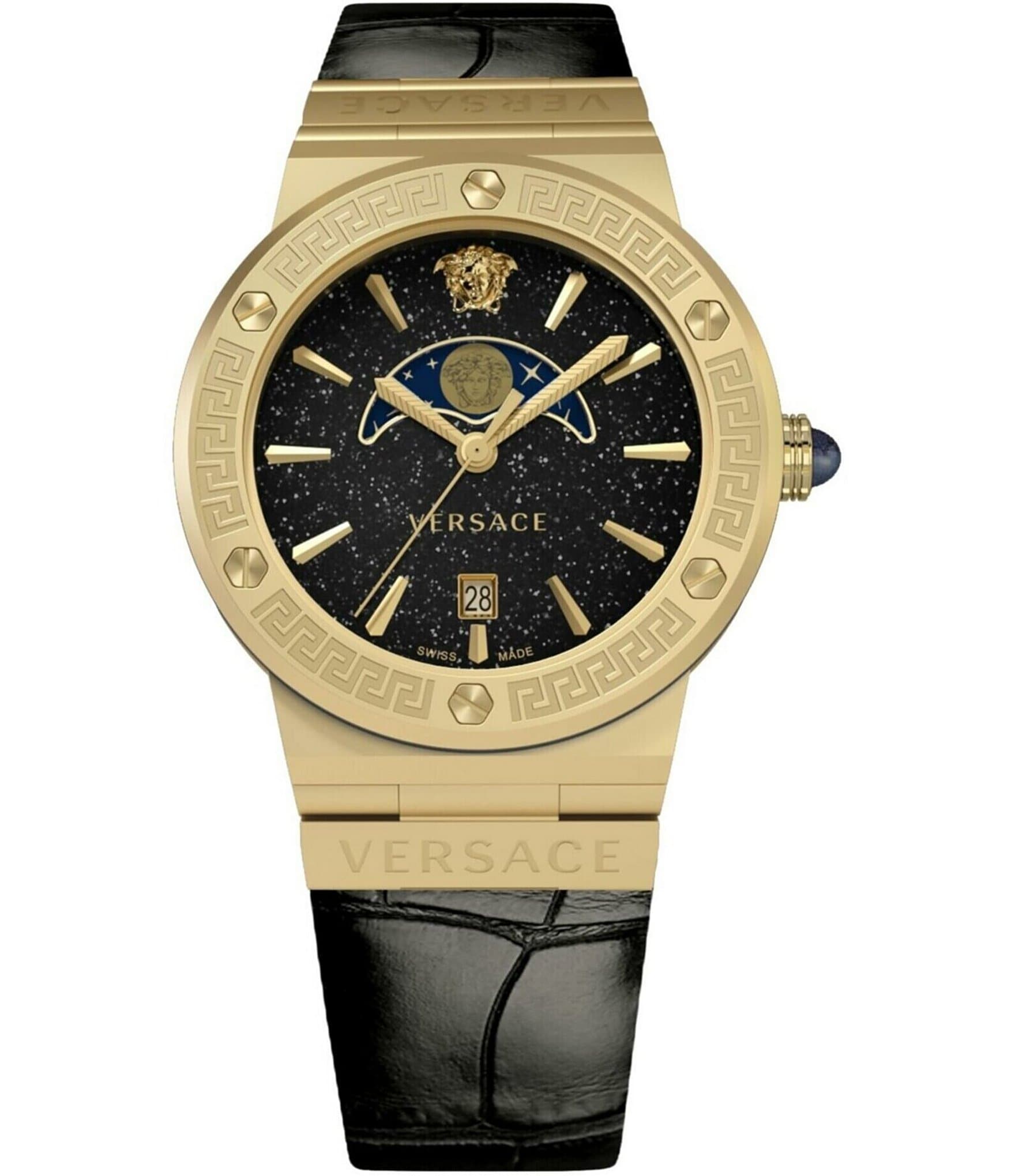 Moonphase Greca Quartz Watch Versace Analog | Strap Logo Leather Black Women\'s Dillard\'s