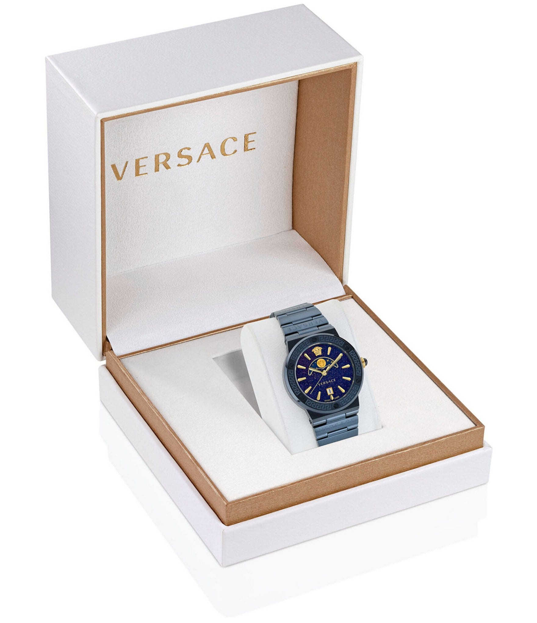 Versace Women's Greca Logo Moonphase Quartz Analog Blue Stainless Steel Bracelet Watch