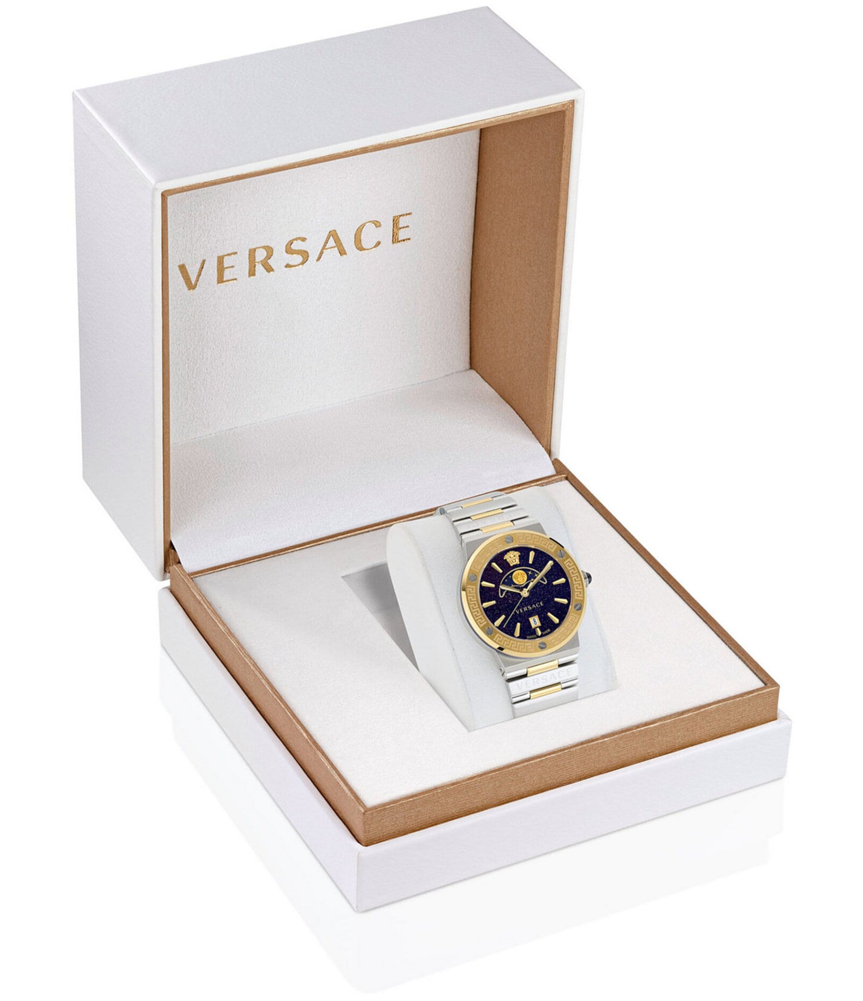 Versace Women's Greca Logo Moonphase Quartz Analog Two Tone Stainless Steel Bracelet Watch