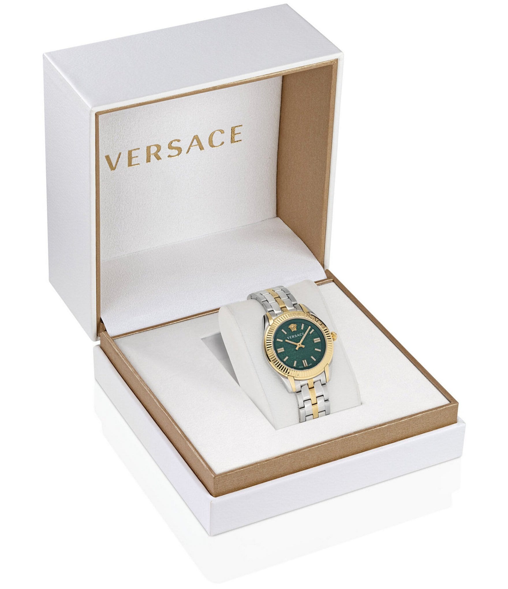 Versace Women's Greca Time Quartz Analog Green Face Two Tone Stainless Steel Bracelet Watch