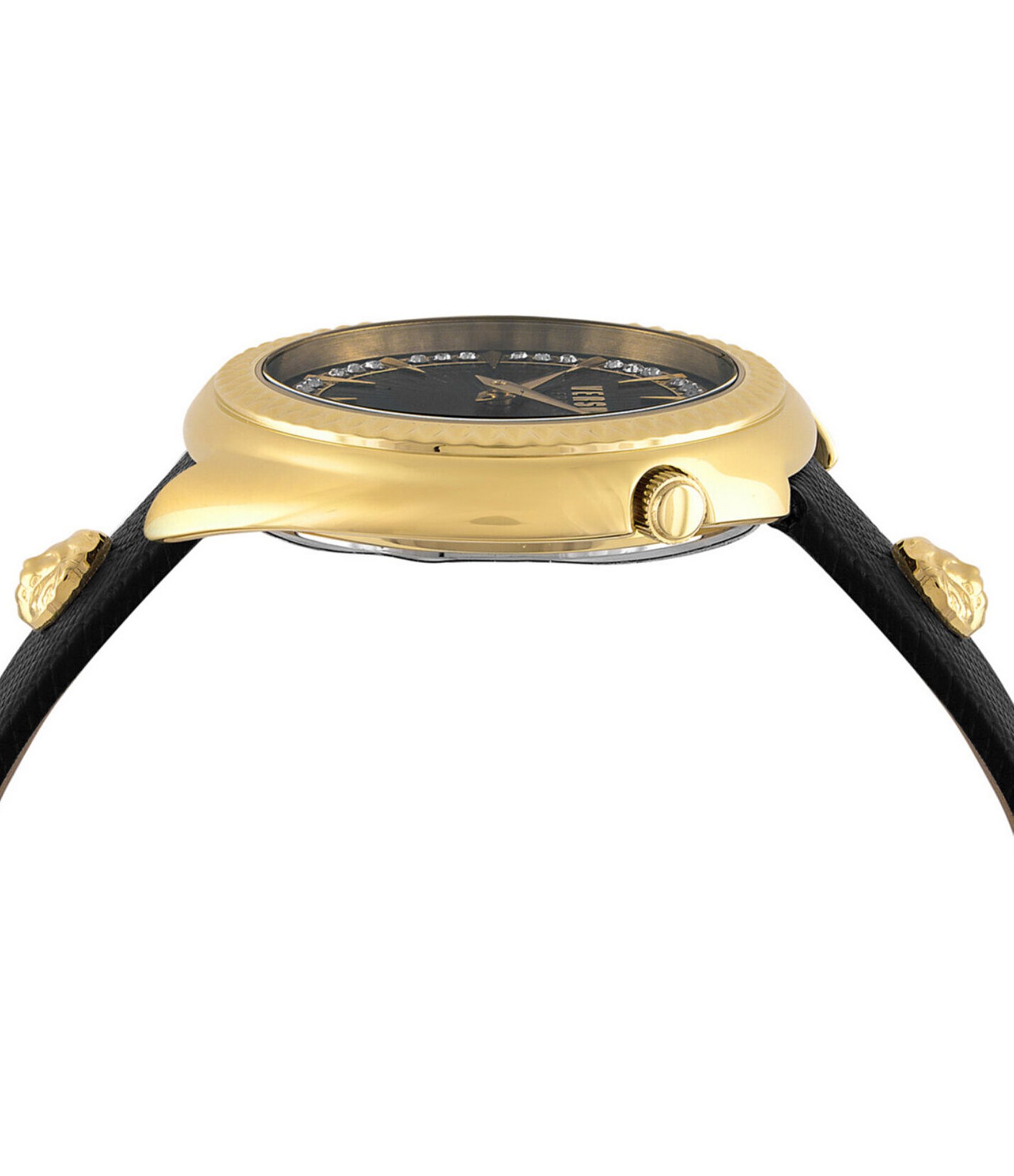 Versus By Versace Women's Tortona Gold Crystal Two Hand Black Leather Strap Watch