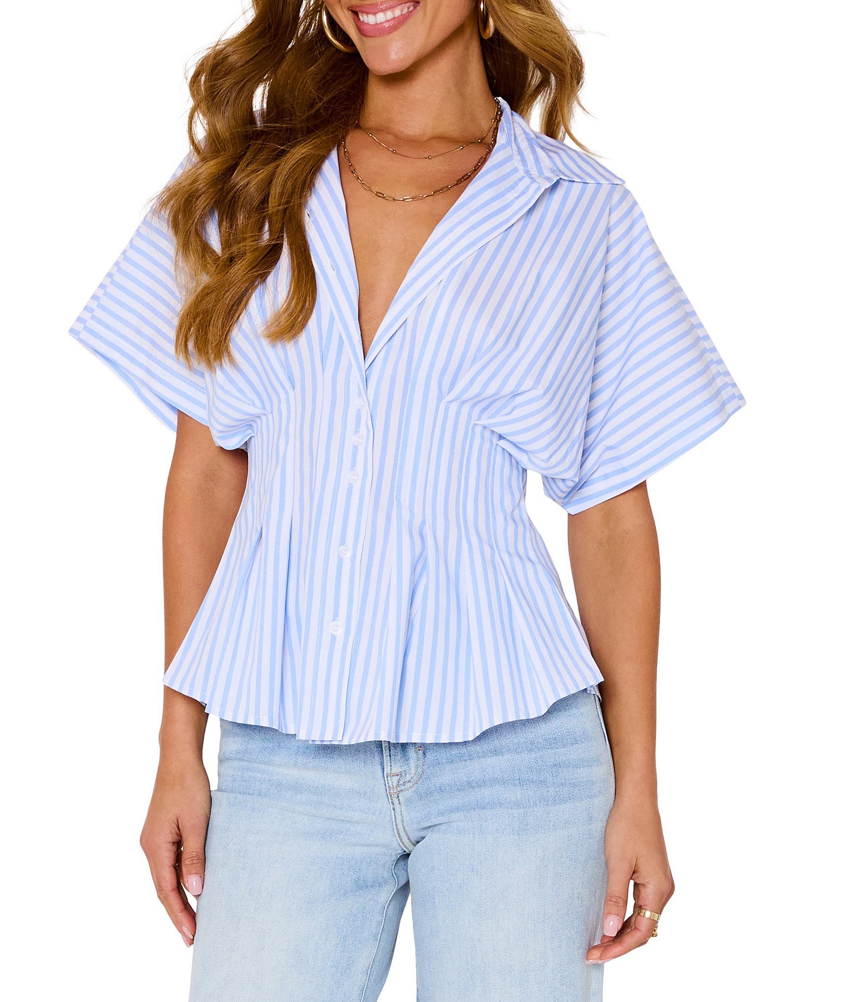 VICI Collection Striped Collared Short Sleeve Button Front Peplum Blouse