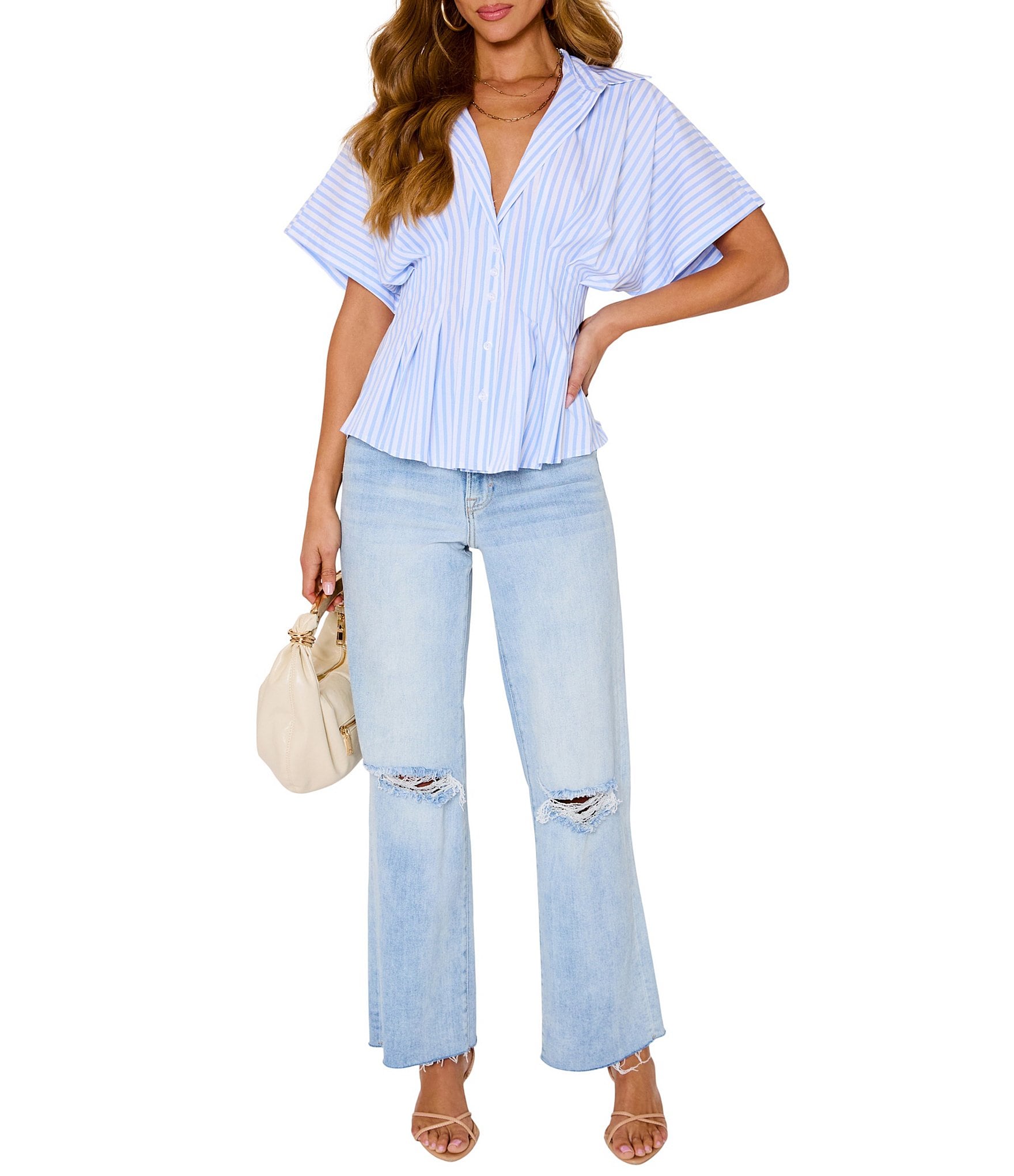 VICI Collection Striped Collared Short Sleeve Button Front Peplum Blouse