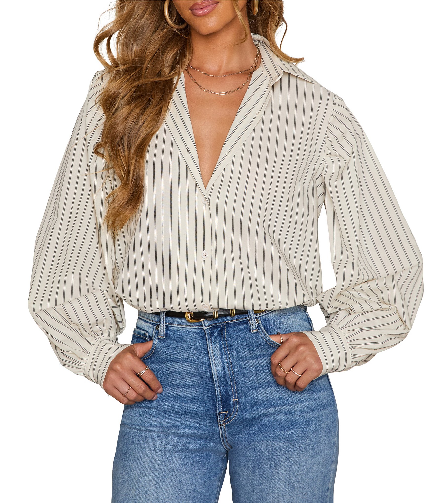 VICI Collection Striped Long Sleeve Button Down Top