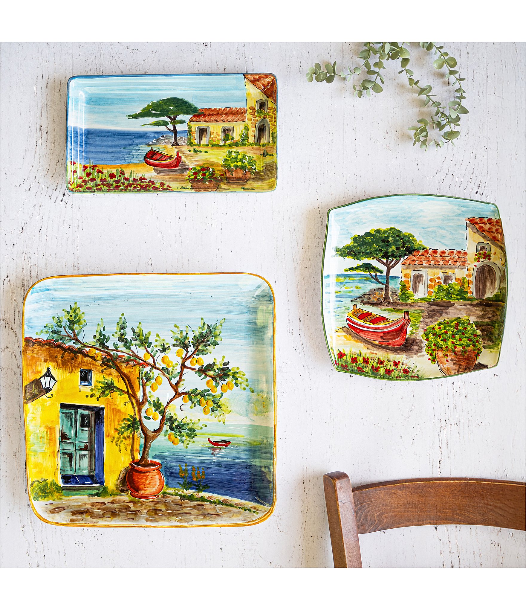 Vietri Landscape Wall Plates Collection Square Plate with Boat