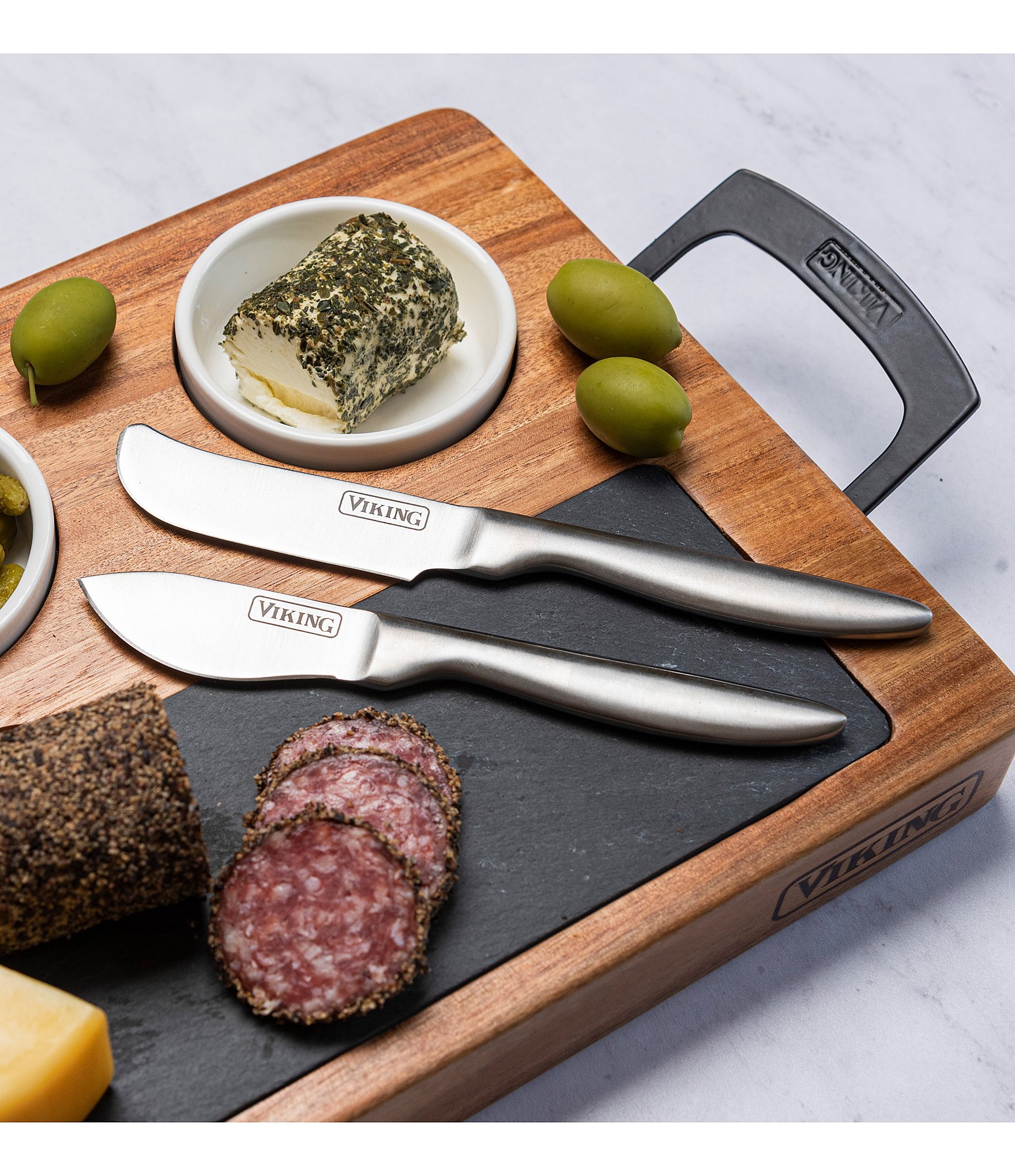 Viking 7-Piece Acacia Wood Slate Cheese Board Charcuterie Set