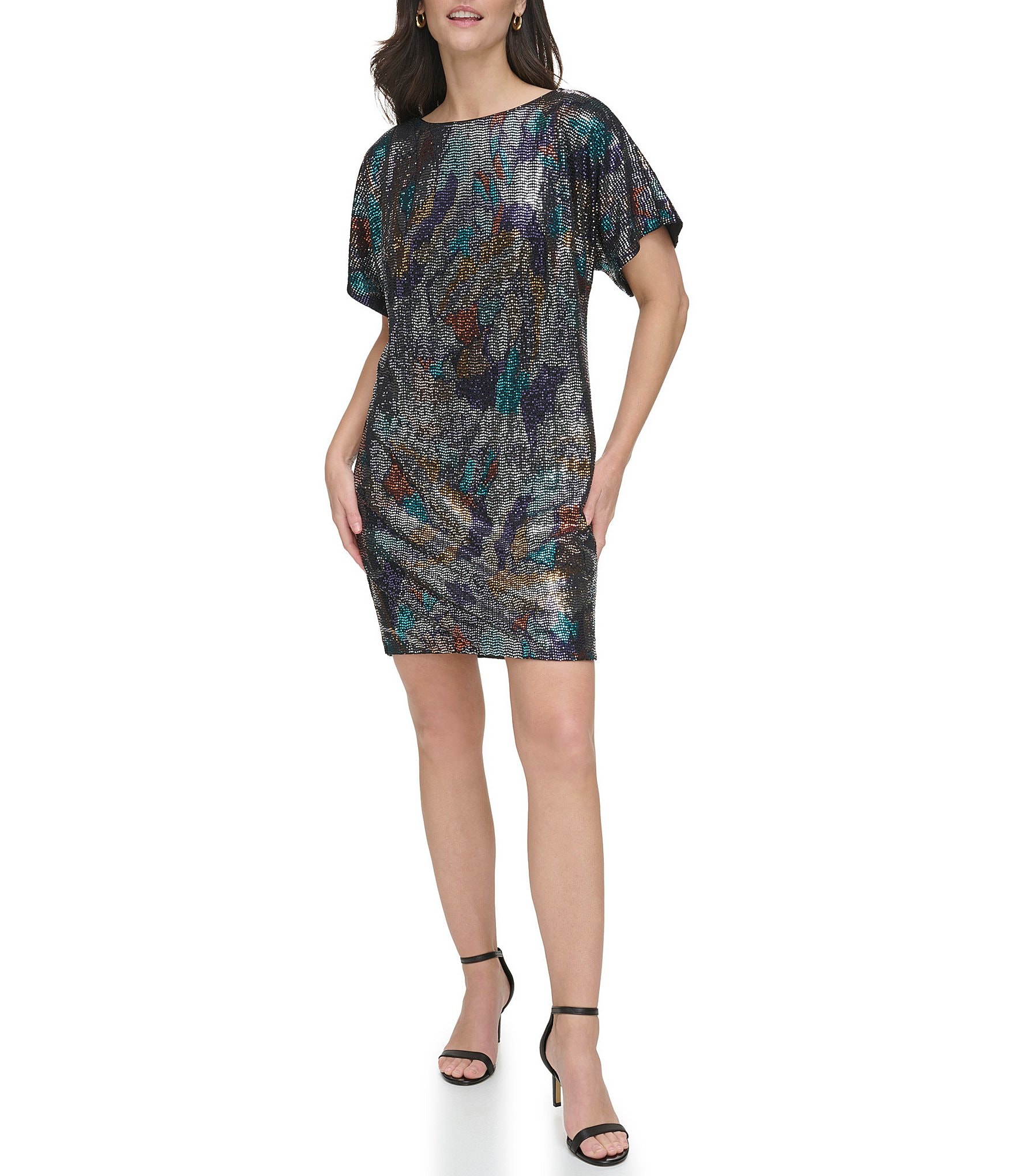 Vince Camuto Abstract Printed Disco Sequin Boat Neck Short Sleeve ...