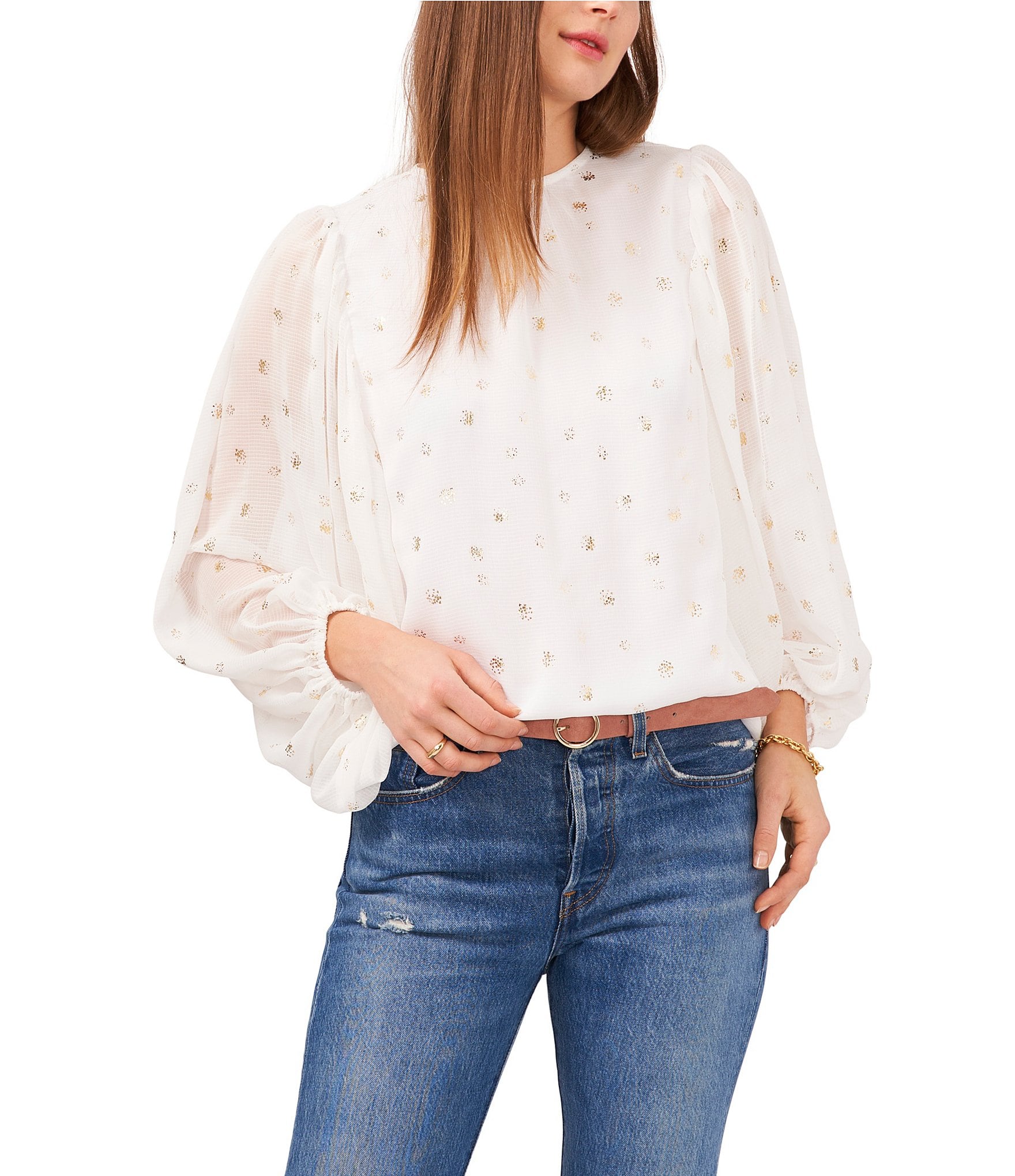 Vince Camuto Balloon Long Sleeve Round Neck Printed Blouse | Dillard's
