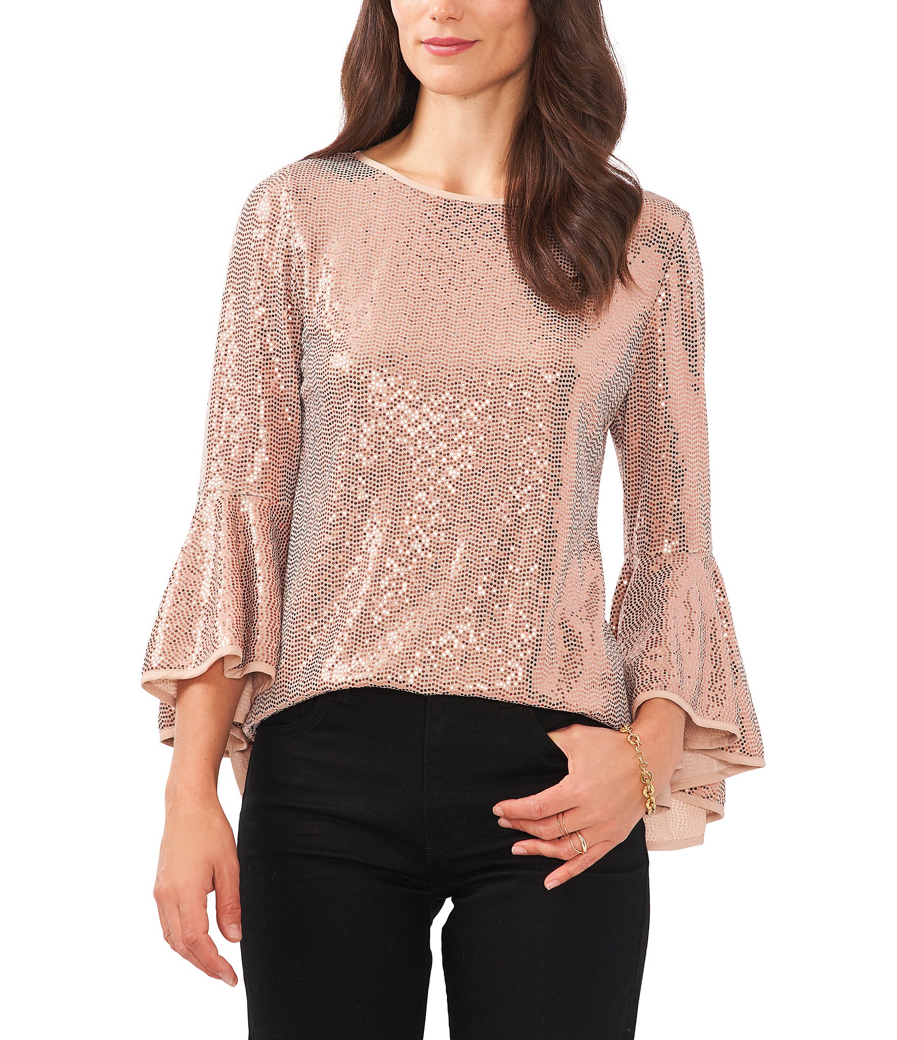 Vince Camuto Boat Neck 3/4 Bell Sleeve Sparkle Knit Top | Dillard's
