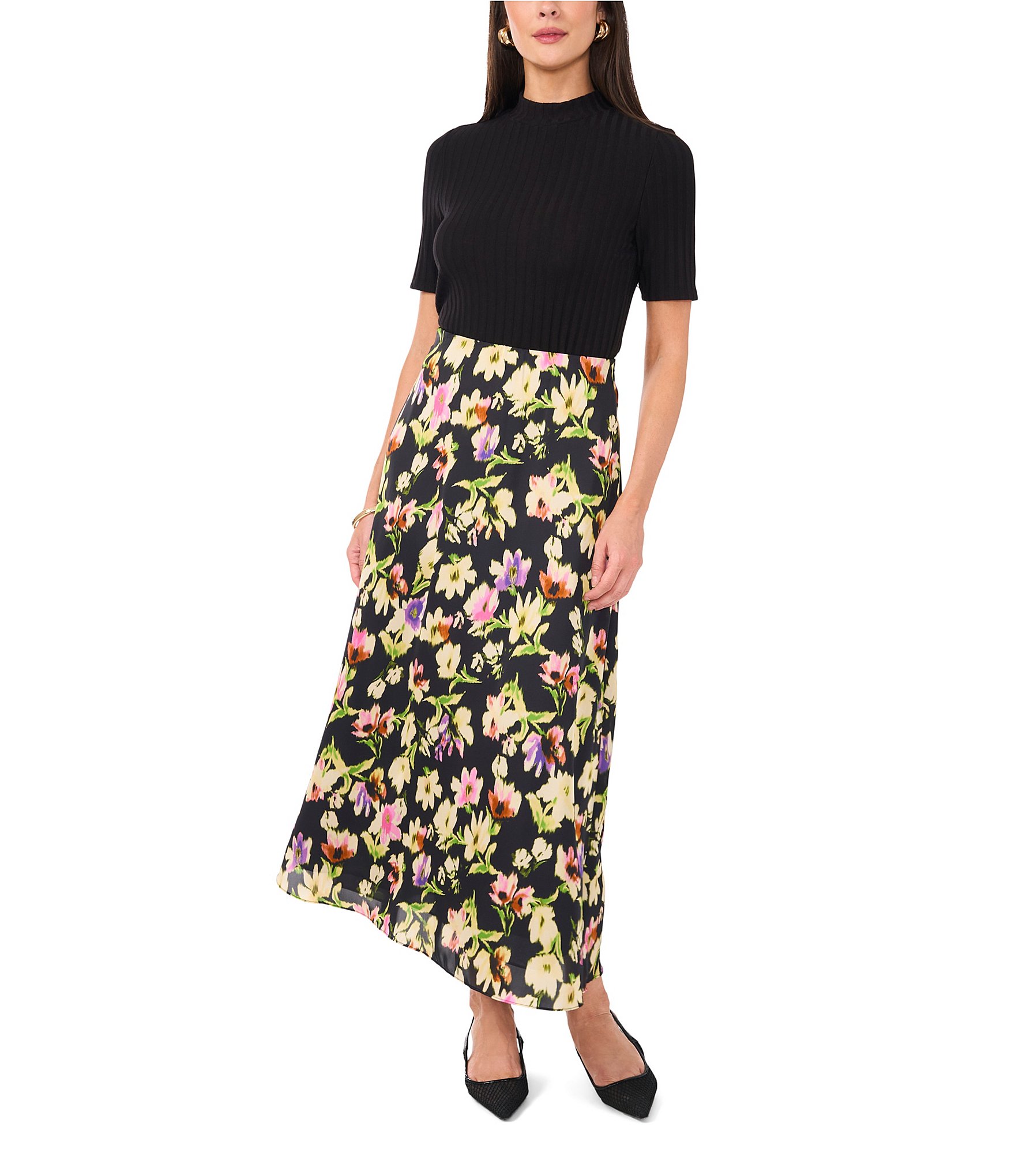 Vince Camuto Charmeuse Floral Midi Slip Skirt