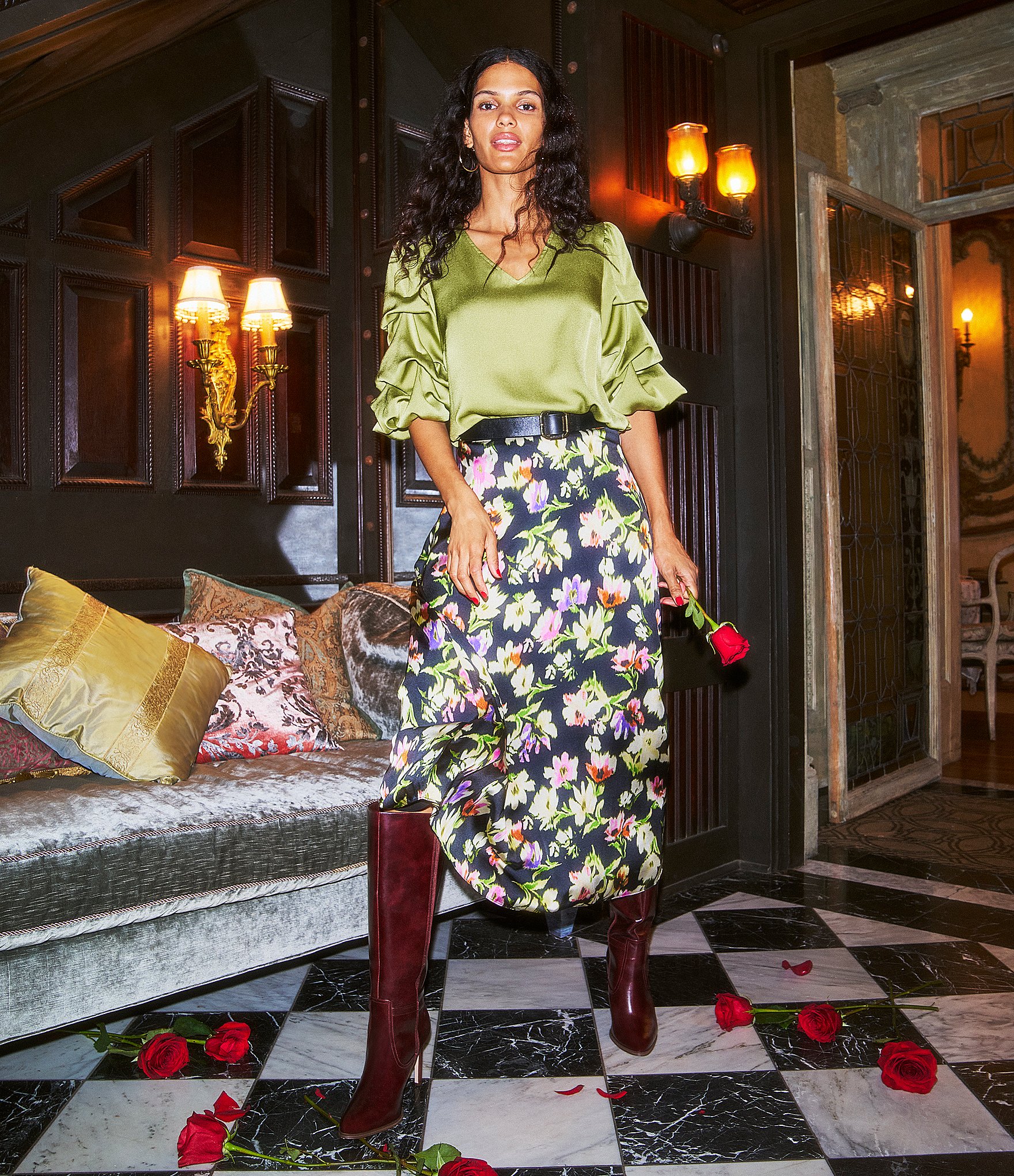 Vince Camuto Charmeuse Floral Midi Slip Skirt