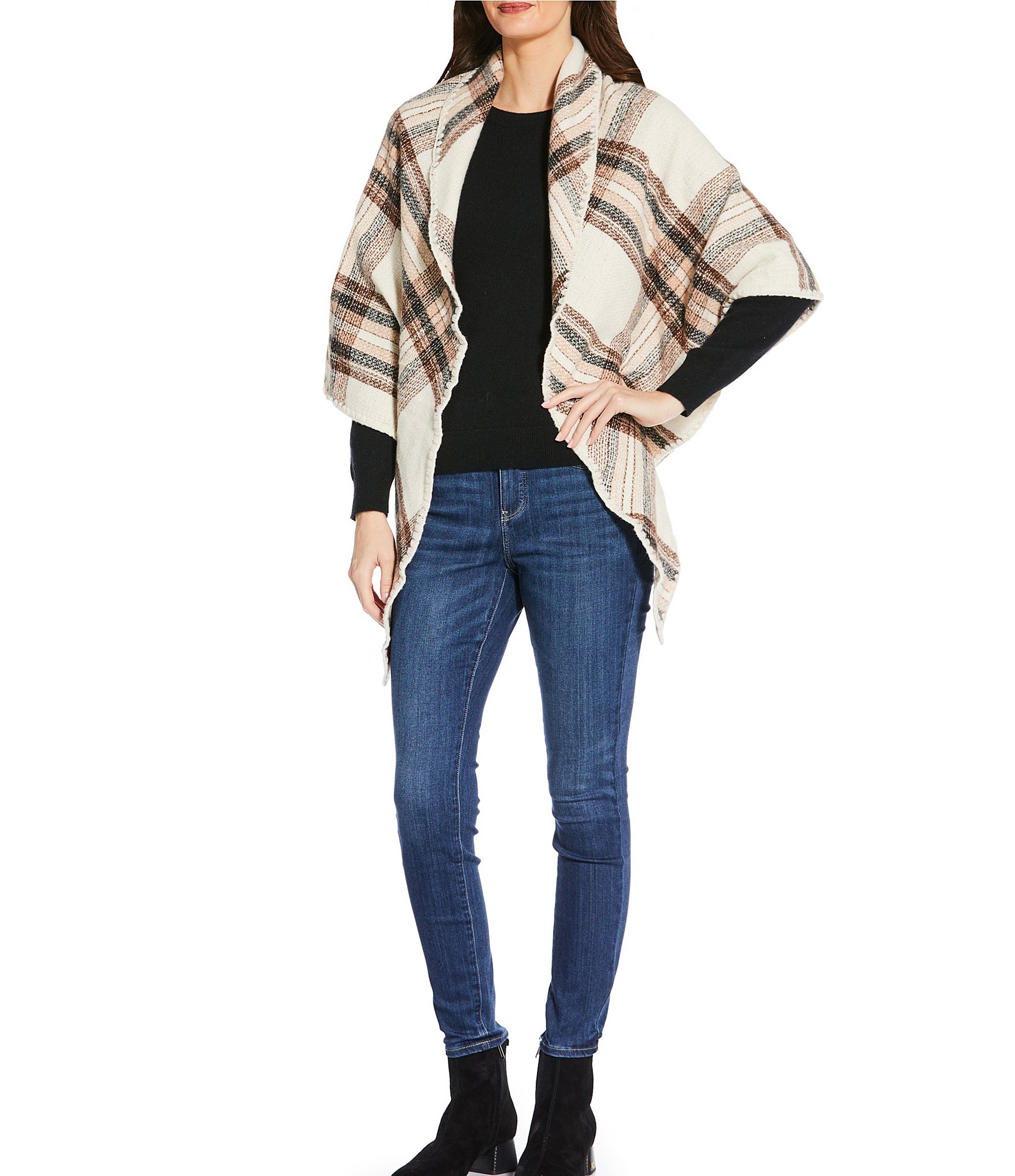 Vince Camuto Classic Plaid Whipstitch Triangle Cape Wrap