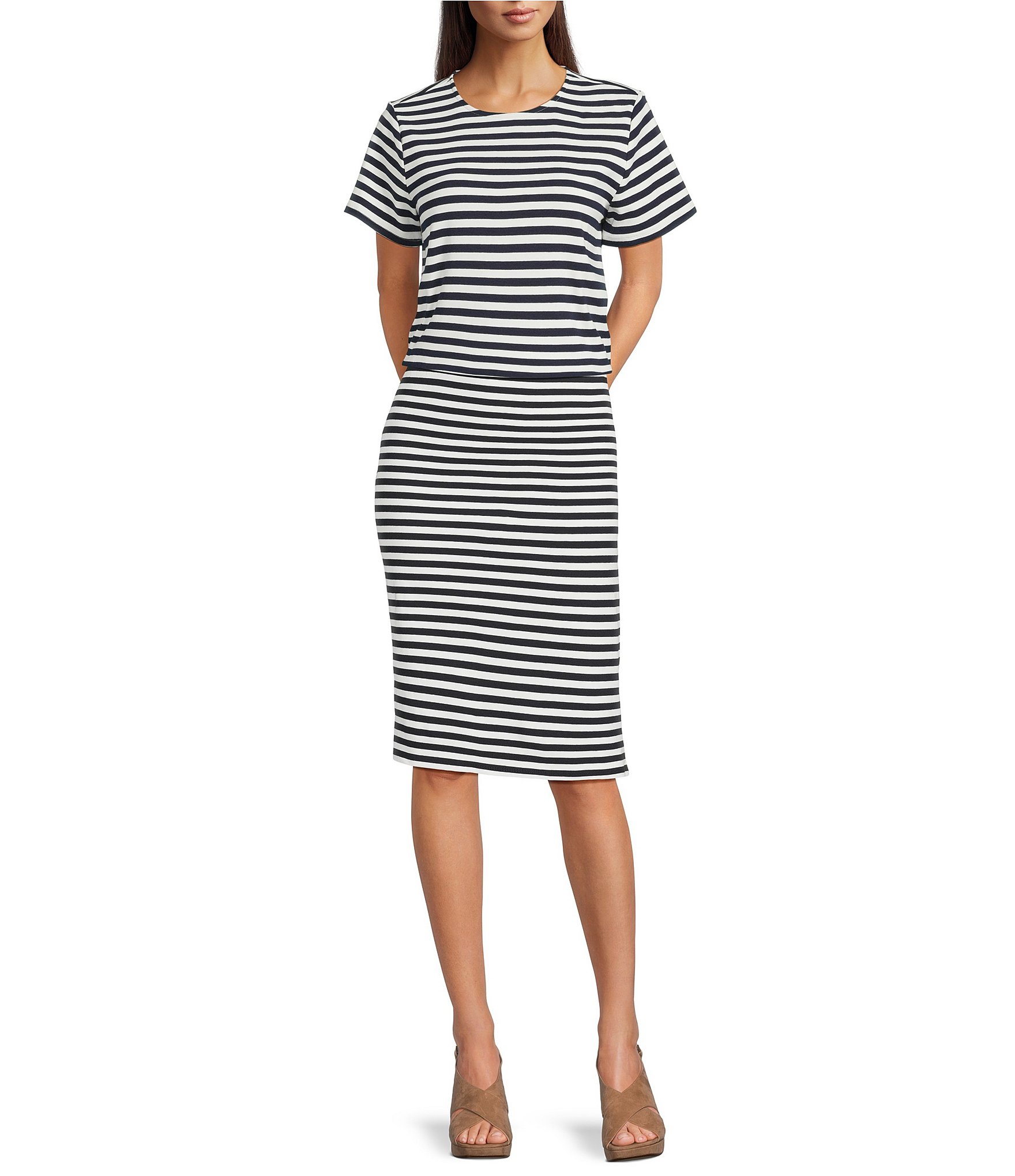 Vince Camuto Coordinating Striped Pull On Midi Pencil Skirt