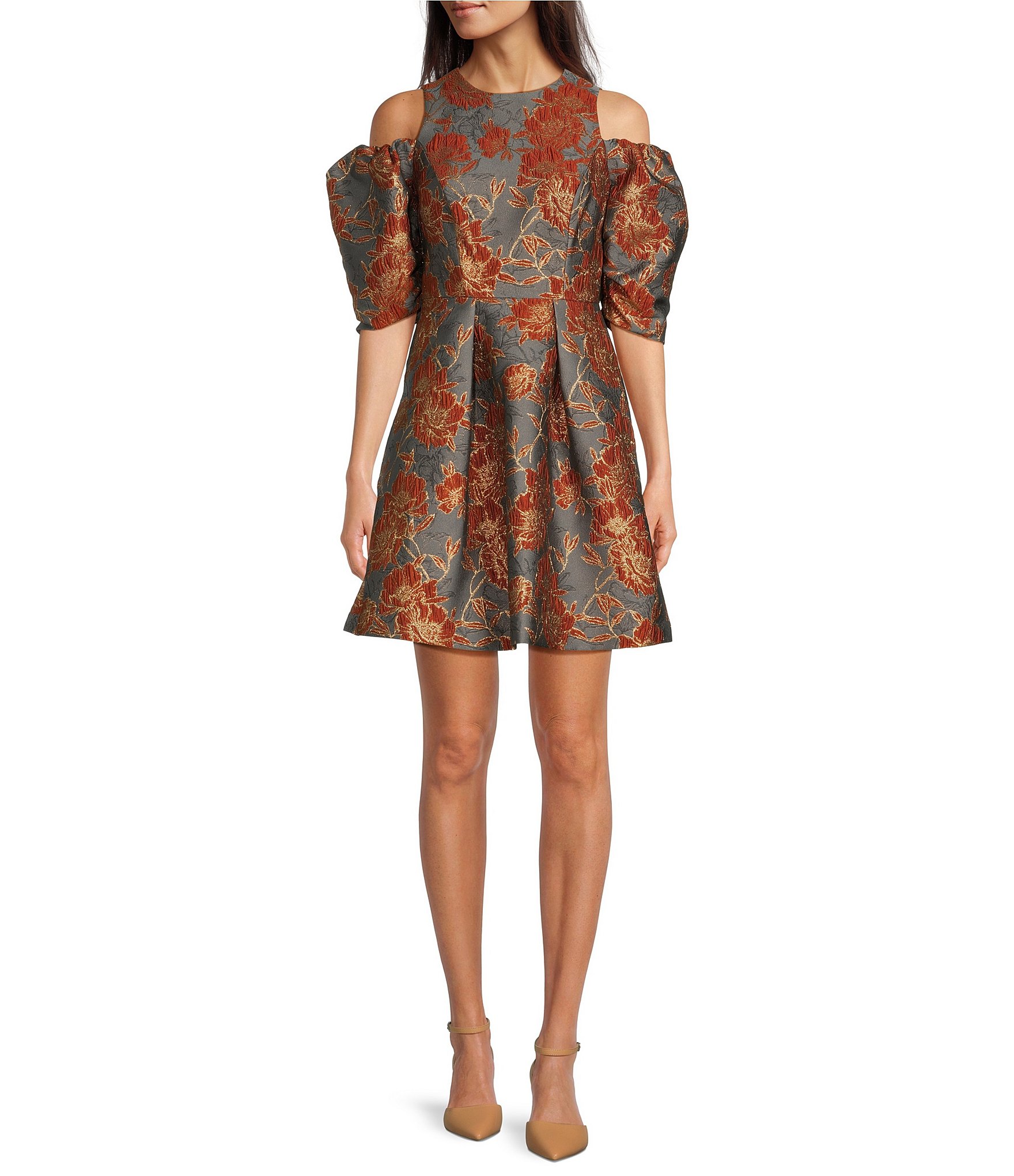 Vince Camuto Plus Size Jacquard Square Neck Short Puffed Sleeve A-Line Dress, Womens, 14W, Rust