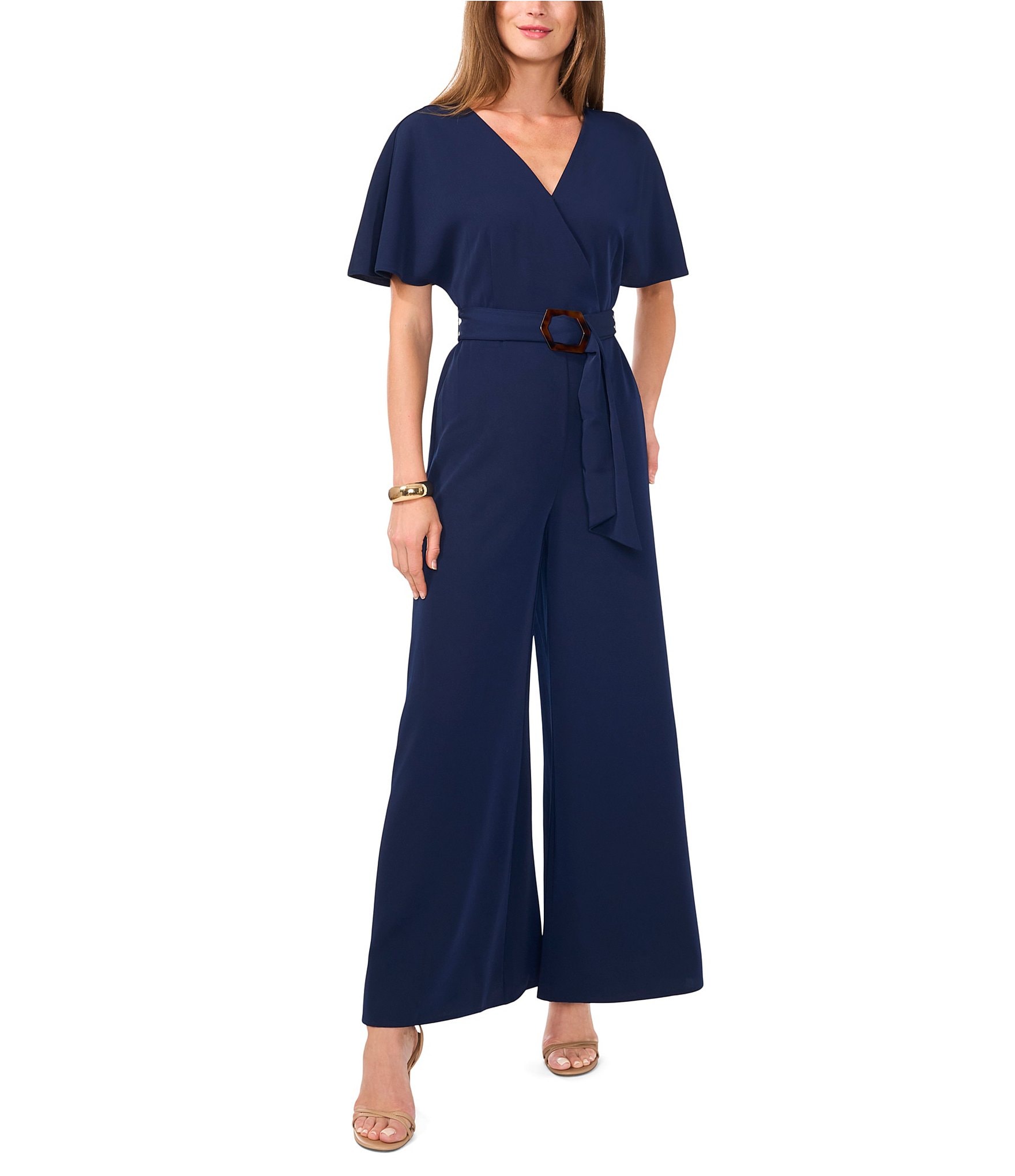 Vince Camuto Crinkle Twill V Neck Short Sleeve Belted Wide Leg Jumpsuit