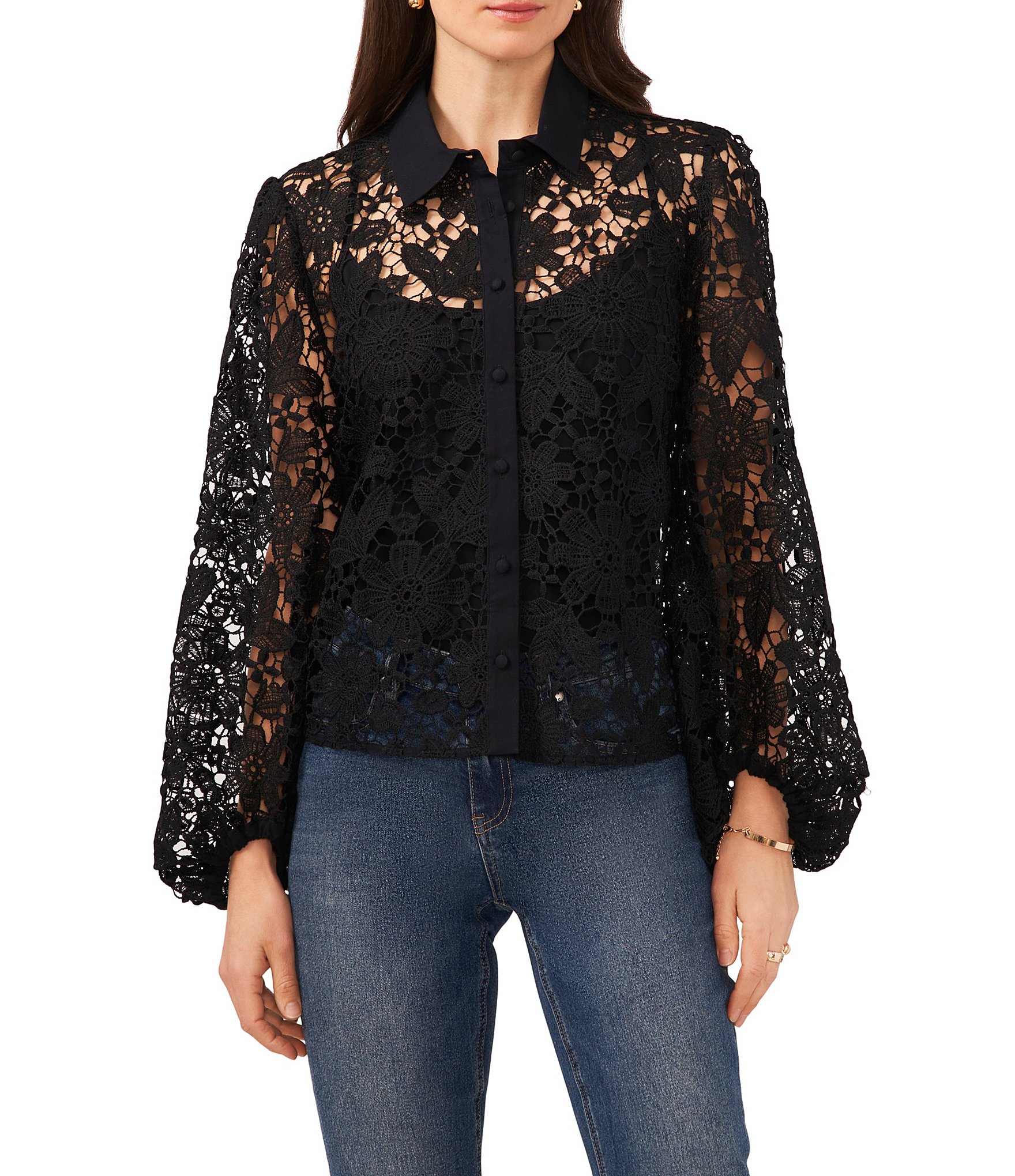 Vince Camuto Eyelet Point Collar Long Puff Sleeve Lace Button 