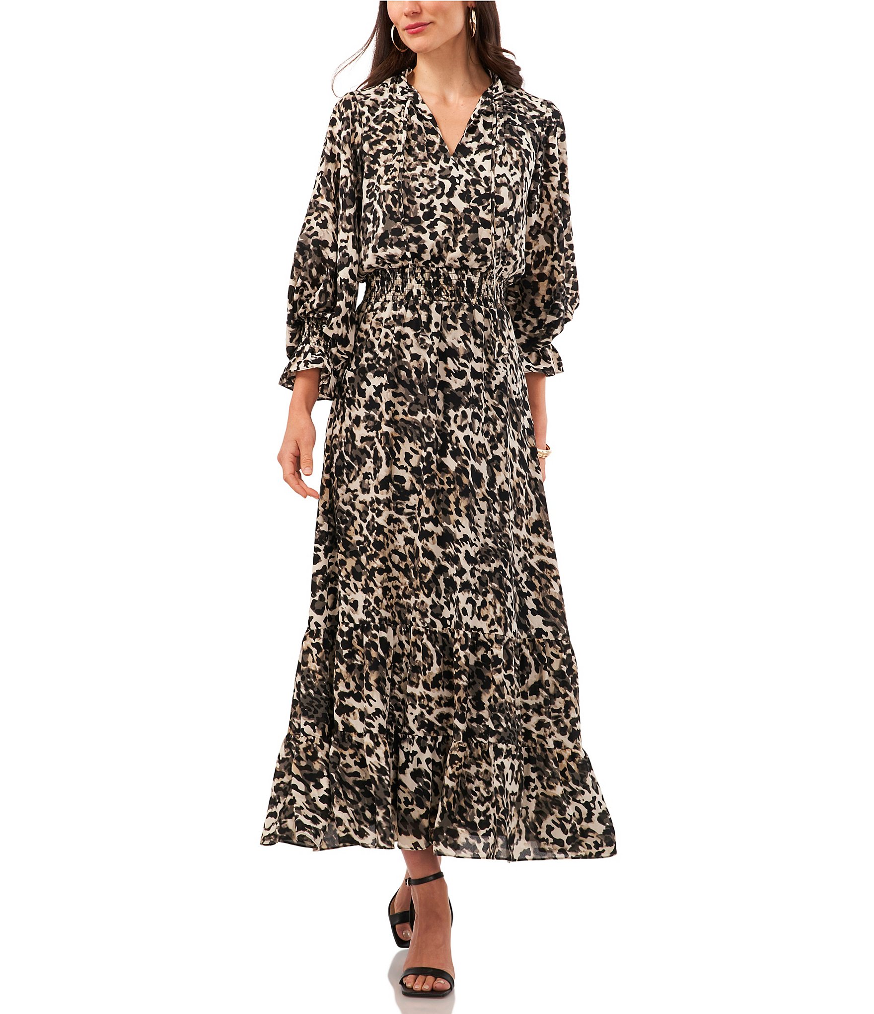 Vince Camuto Printed Smocked Ruffled-sleeve Dress