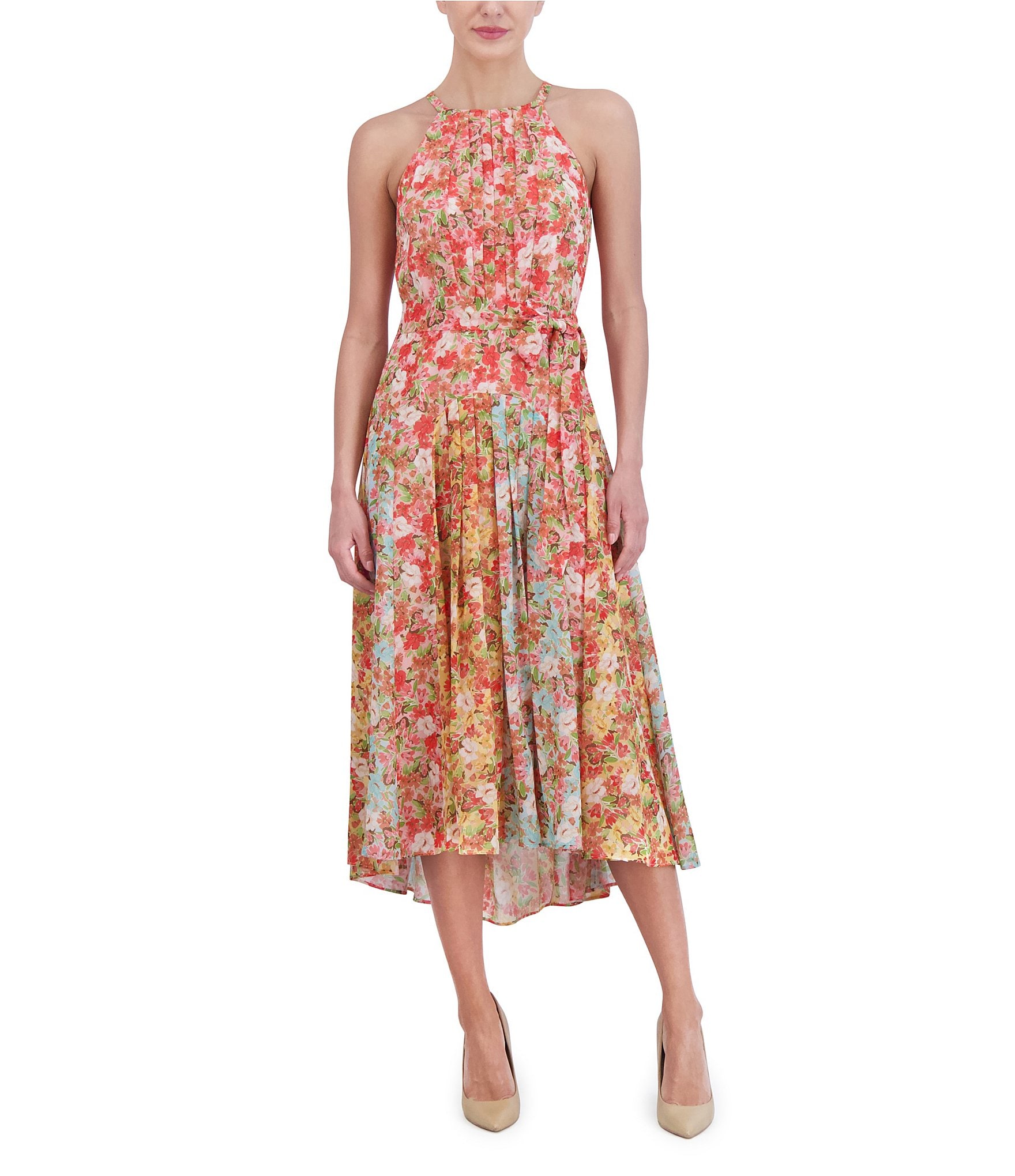 Vince Camuto Halter Neck Sleeveless Floral Empire Waist Midi Dress ...