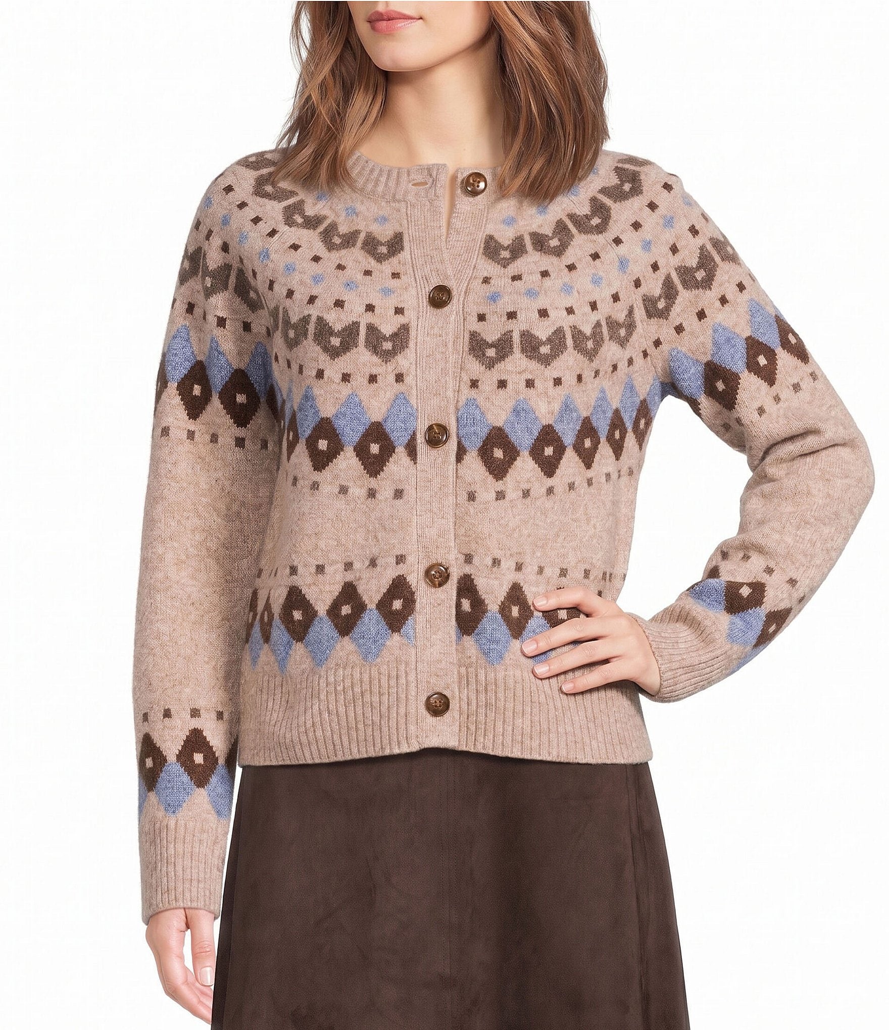Vince Camuto Knit Long Sleeve Argyle Cardigan