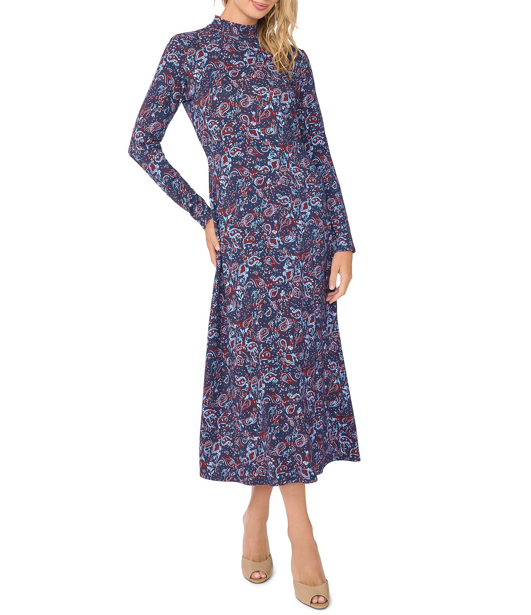 Vince Camuto Knit Mock Neck Long Sleeve Paisley Dress