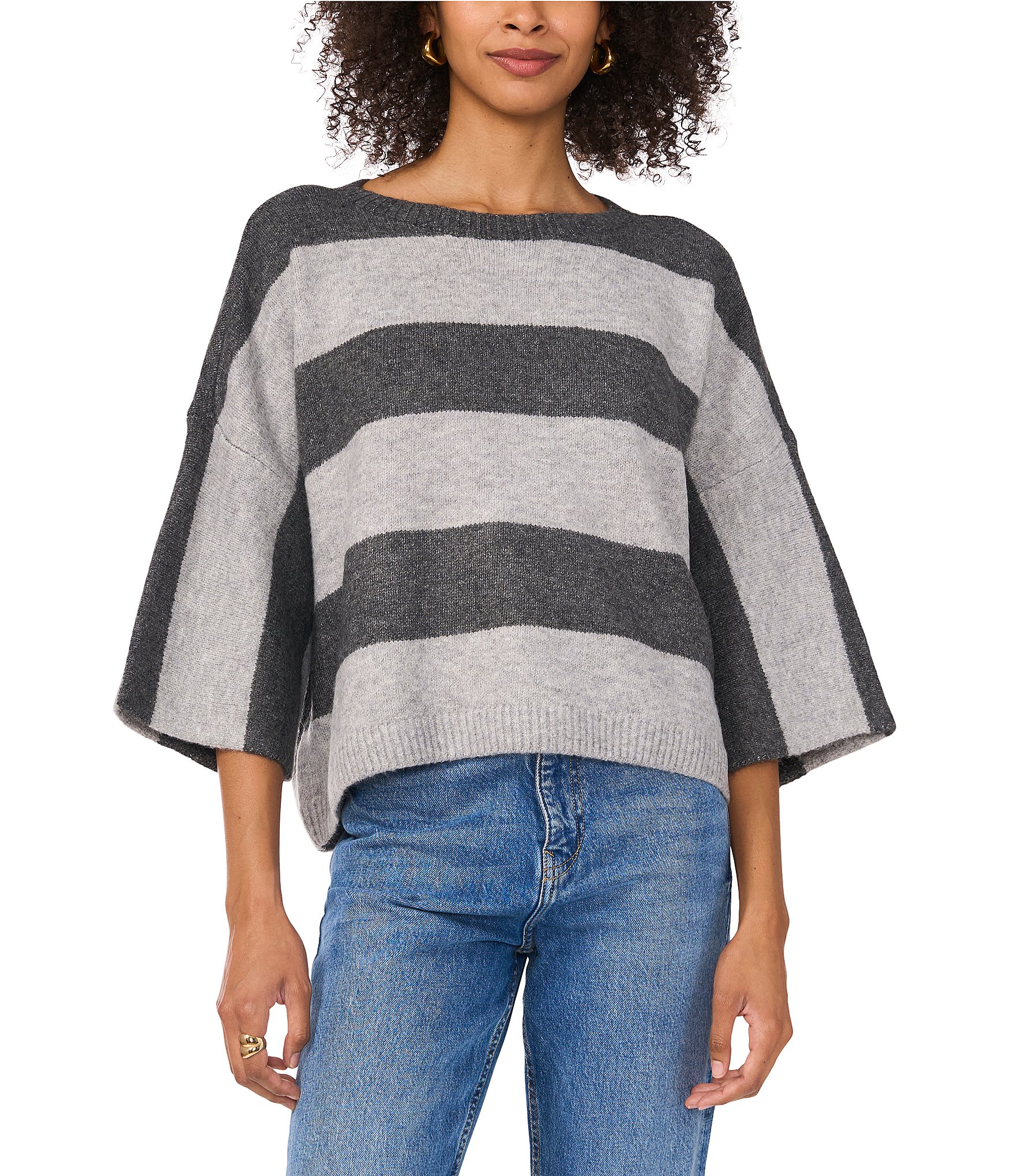 Vince Camuto Knit Stripe Print Crew Neck 3/4 Sleeve Sweater