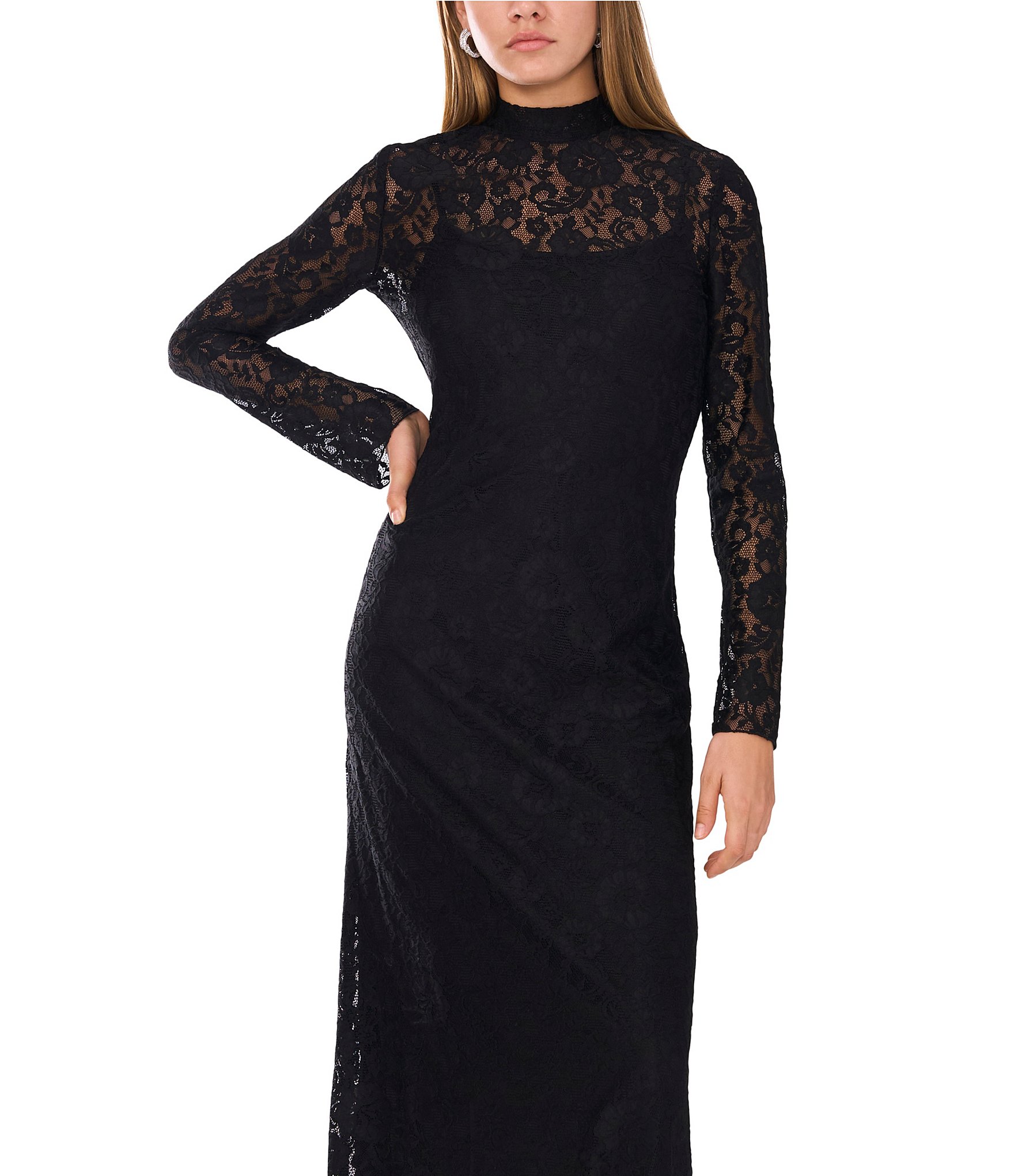 Vince Camuto Lace Mock Neck Long Sleeve Flounce Hem Sheath Midi Dress